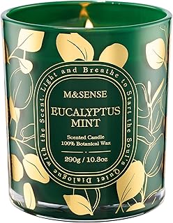 M&SENSE Eucalyptus Mint Scented Candle 10.3oz Golden Stamped | Non-Toxic Soy Wax, 55H Burn Time, Aromatherapy, Summer Cool Refresh & Spa Gift
