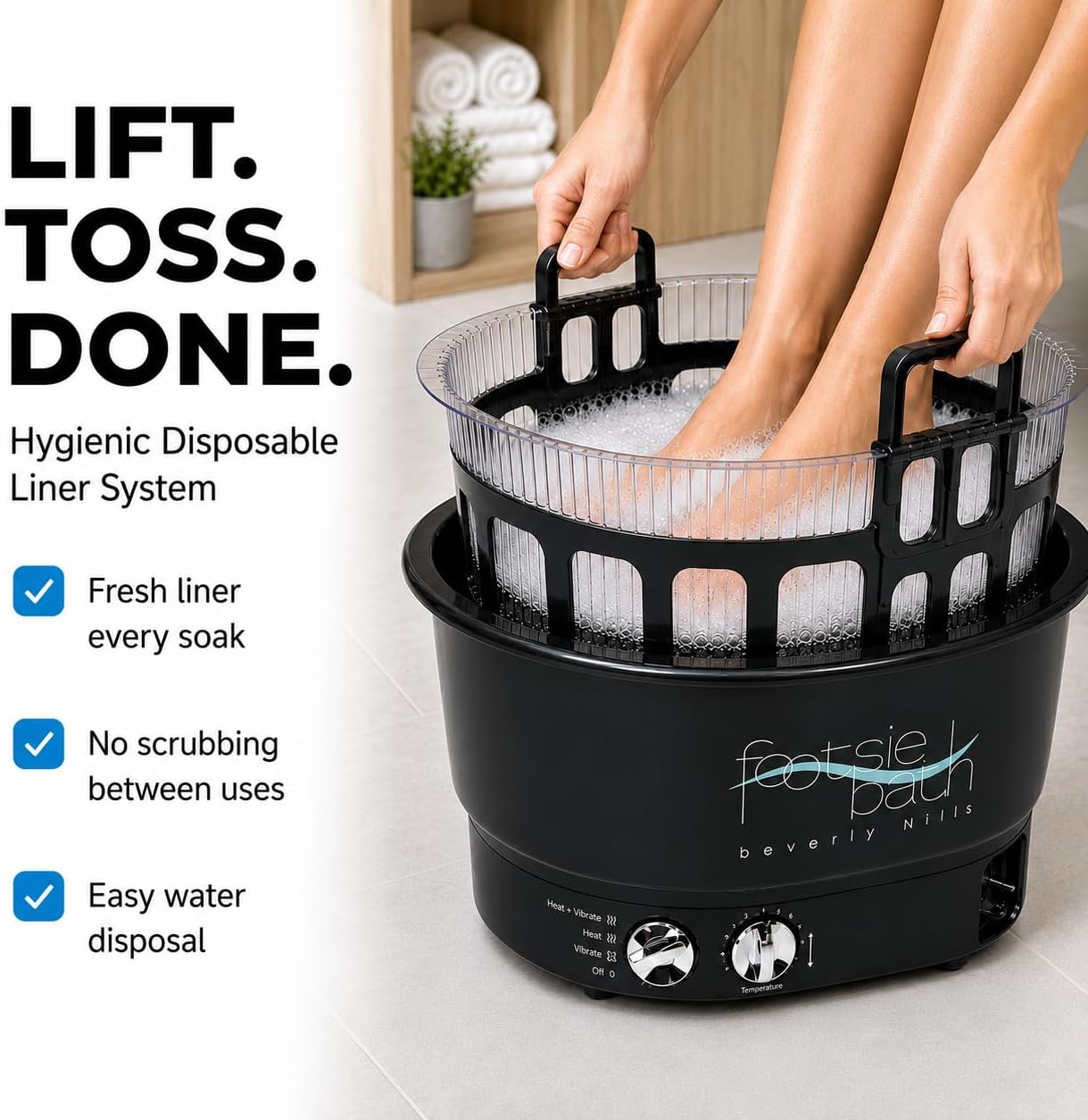 Footsie Bath™ Beverly Hills Professional Pedicure Foot Spa with Disposable Liners – Ultra-Sonic Vibration, Variable Temperature Thermostat & 30-Min Timer – 5 Liners & Carrier Basket Included