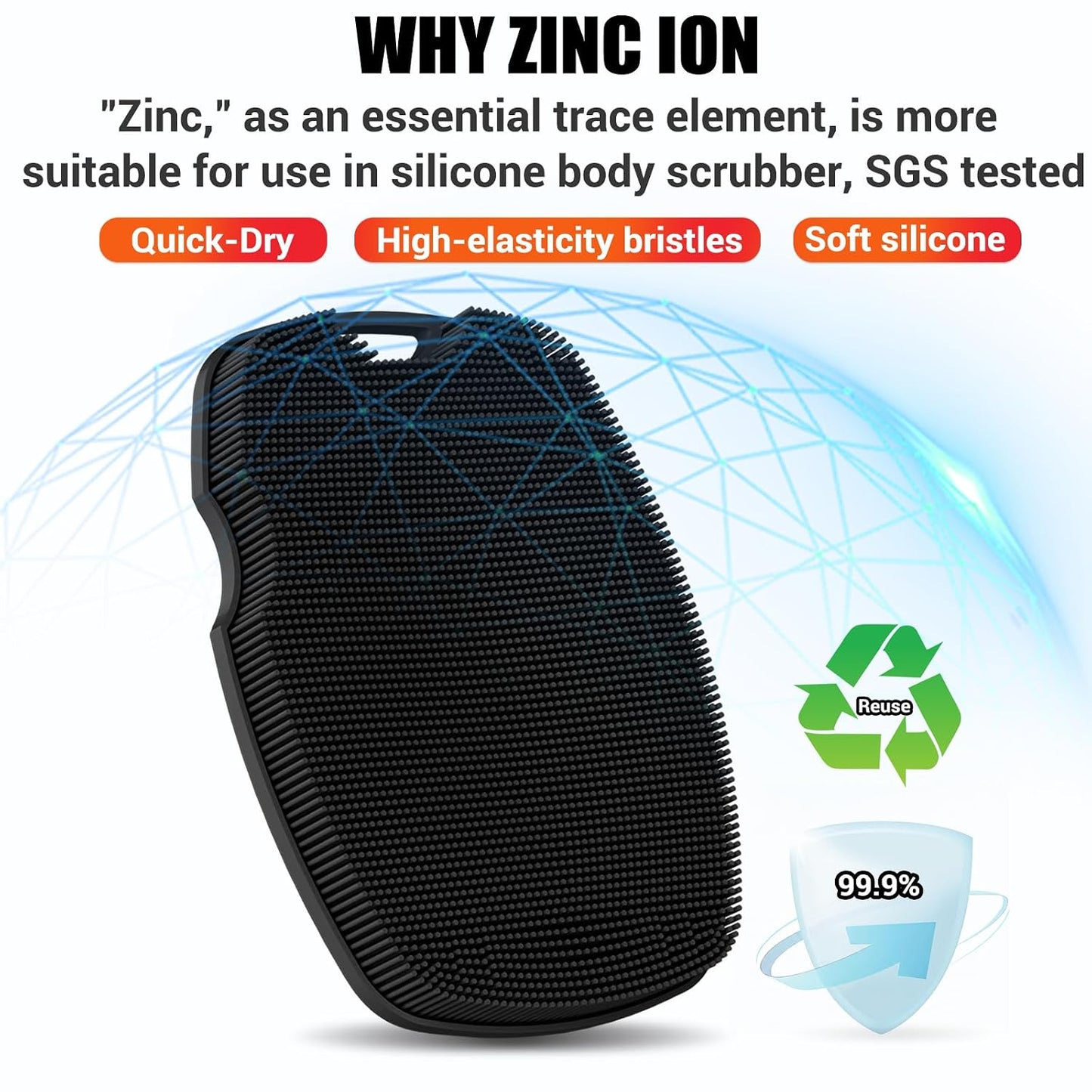 Canroom Silicone Body Scrubber - Zinc Infused-Highly Elastic Bristles Exfoliating Body Scrubber for Shower Body,Cellulite Reduction,Blood Circulation- Black