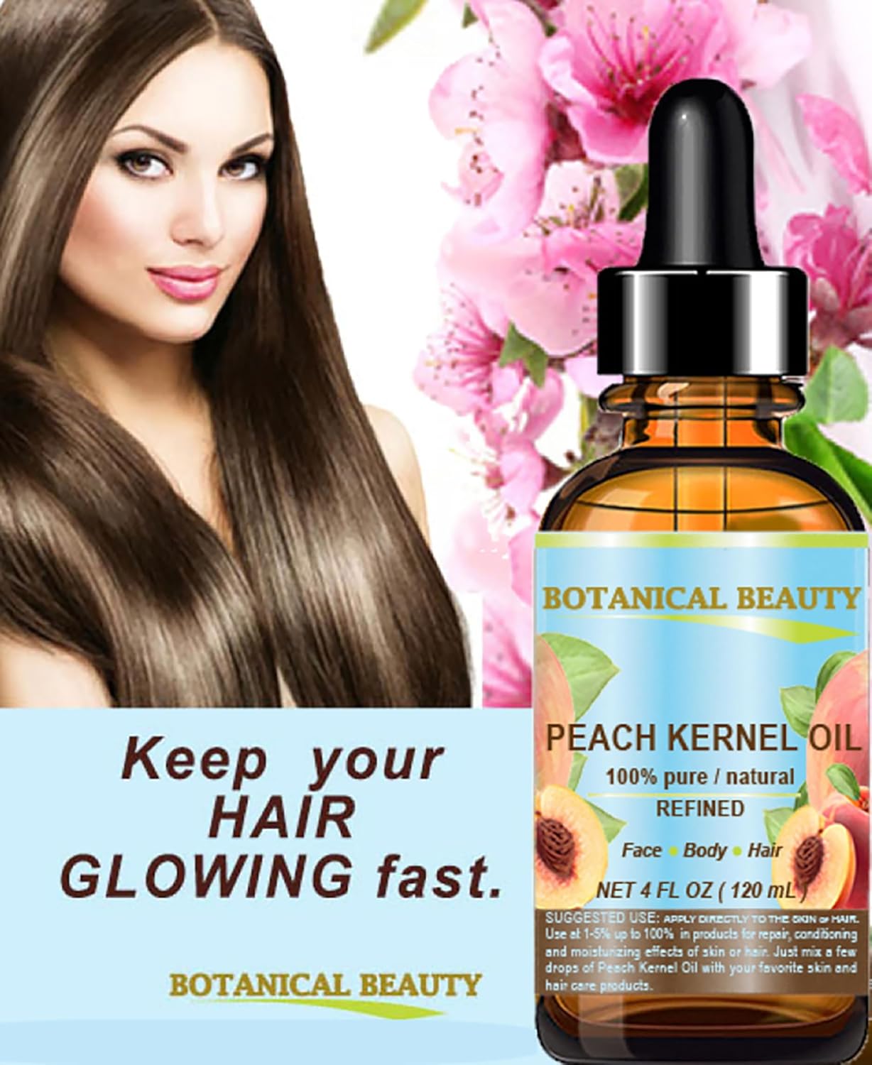 Botanical Beauty Peach Kernel Oil. 100% Pure Natural Undiluted Refined Cold Pressed Carrier Oil for Face, Skin, Hair, Massage, Lip, Nail Care. 4 Fl. oz-120 ml