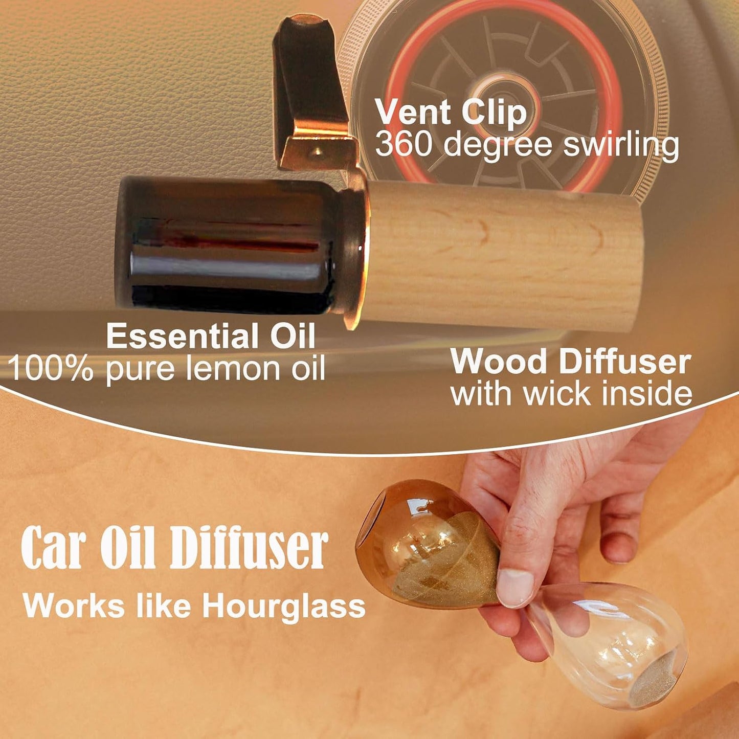 Refillable Lemon Car Scent 30 Days’ Odor Fighting Non-toxic Strong Natural Fresh Fragrance, Vent Clip Wood Diffuser & Pure Essential Oils Auto Air Freshener (1x Beech Diffuser + 10ml Oil)