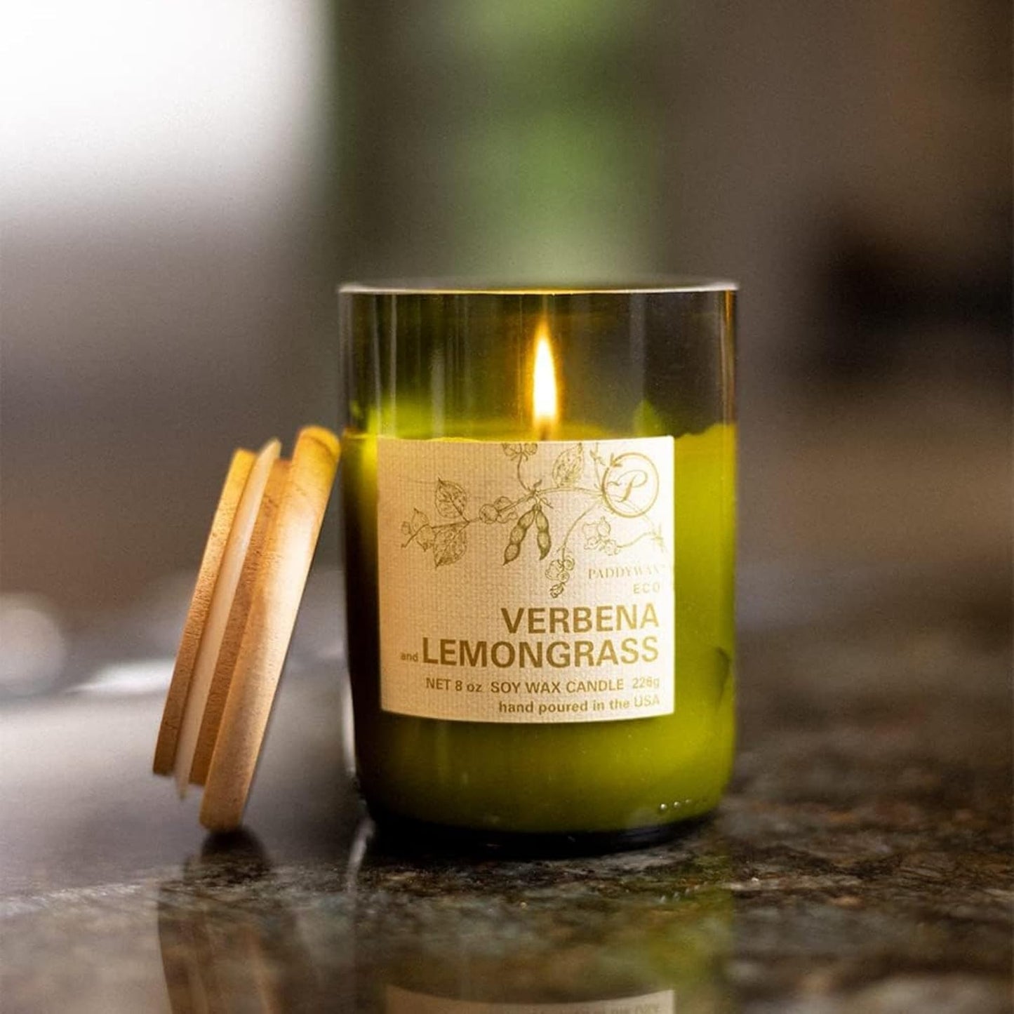 Paddywax Eco Collection Scented Soy Wax Candle in Glass Jar, Verbena & Lemongrass Fragrance, Green Vessel with Wood Lid, 8 oz