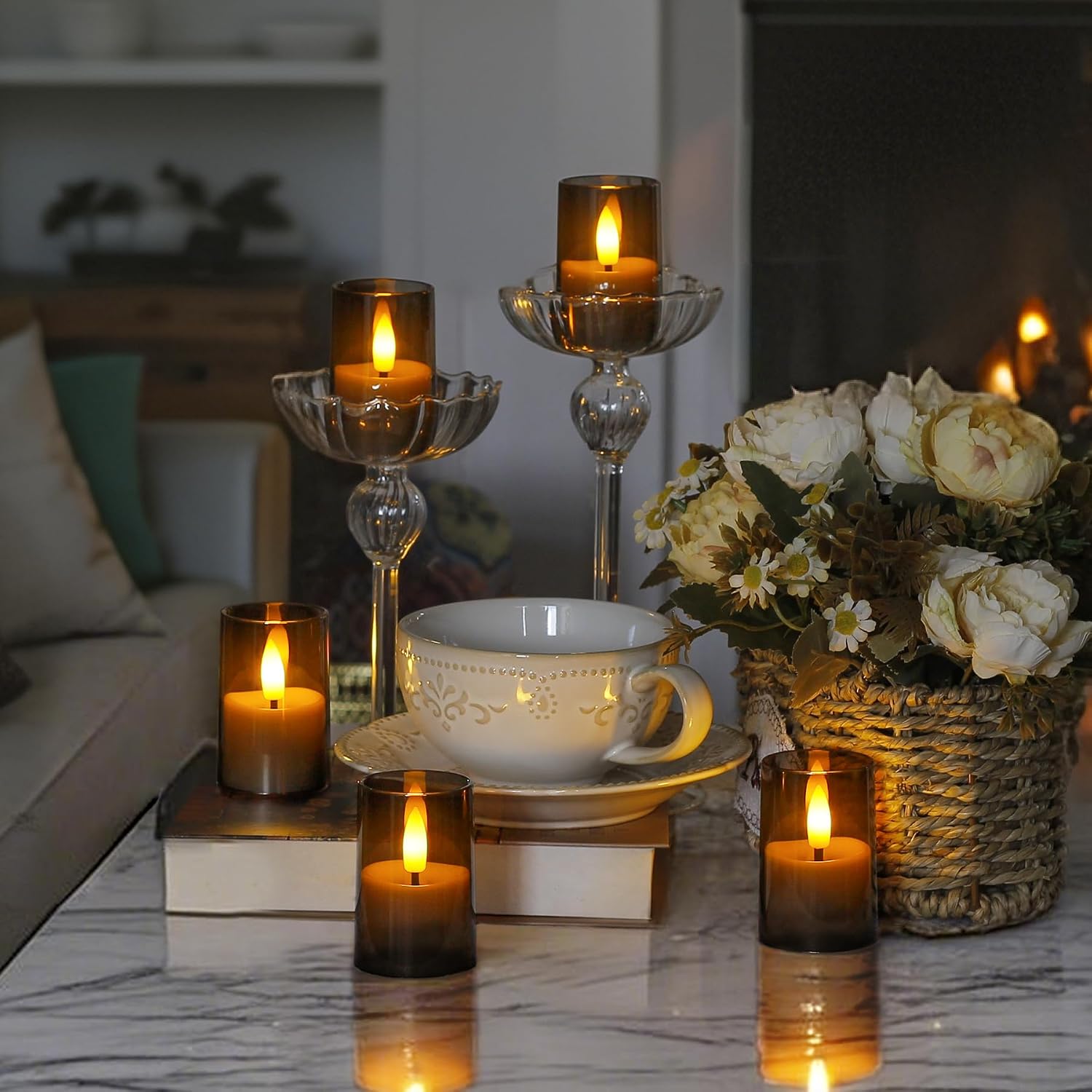 Rechargeable Acrylic Flameless Votive Candles with Timer & Remote Control, 1.7" x2.5" Flickering LED Warm Glow Tealight for Home, Wedding, Holiday Decor (Set of 6, Grey)