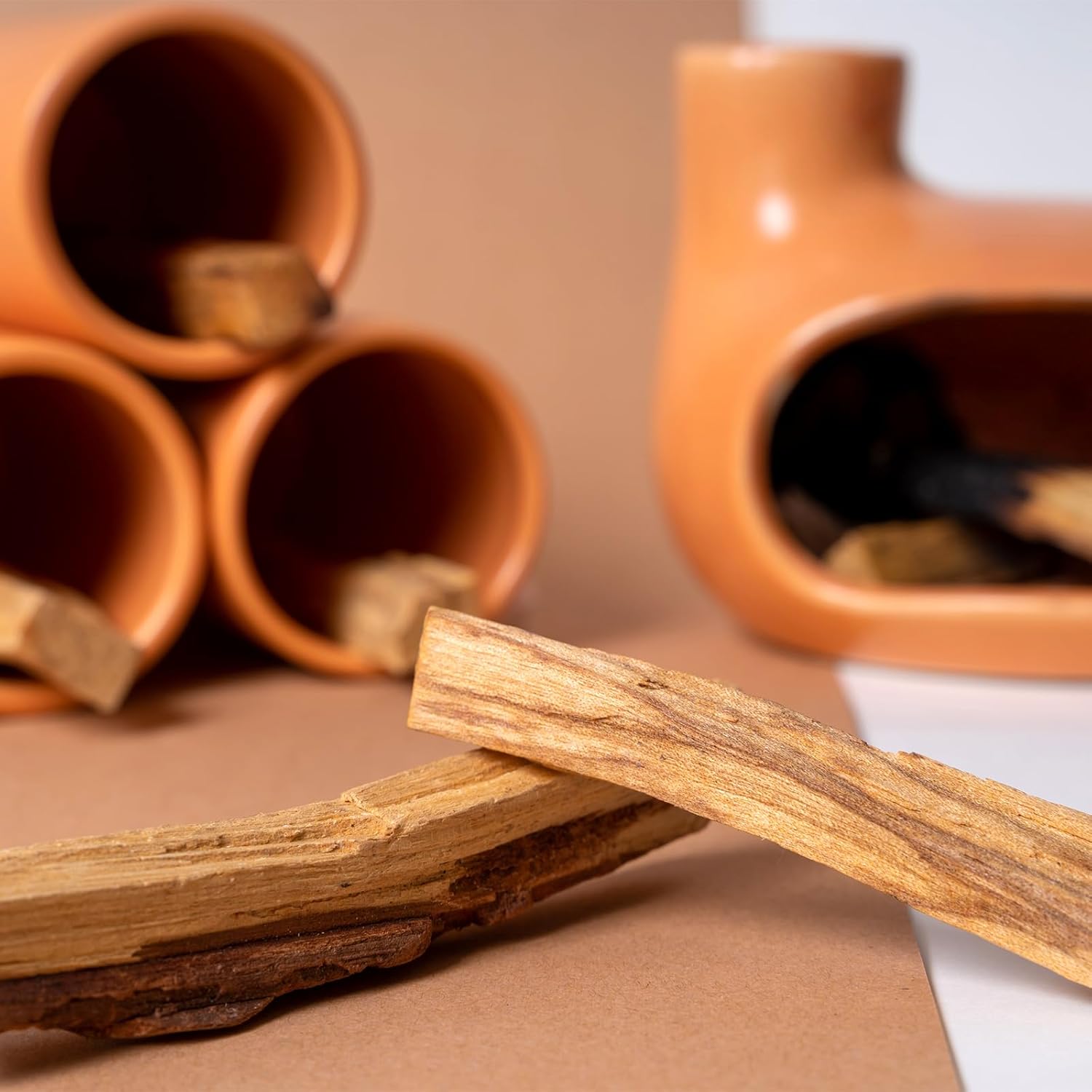MOUGIGI Palo Santo Holder Set with 3 Matchstick Holders - Modern Handcrafted Ceramic Incense Burner with Chiminea, Perfect for Meditation - Smudge Bowl for Palo Santo Sticks, Sage, and Cones.