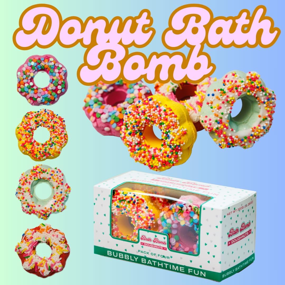 Donut Bath Bomb Gift Set (4 Piece) - Moisturizing, Fun Shaped Bath Bombs | Gift for Birthdays, Valentine's, Easter, Christmas, Mother's Day and More