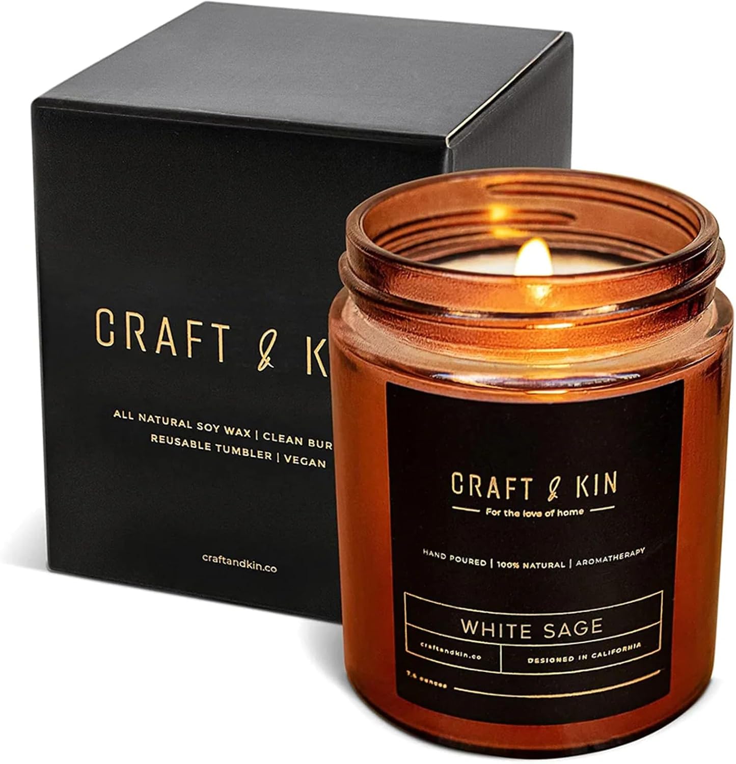 Craft & Kin Premium White Sage Scented Candle – Long Lasting, 45 Hour Burn Time – Luxury Natural Soy Scented Candle – Room Decor and Aromatherapy – 8 oz