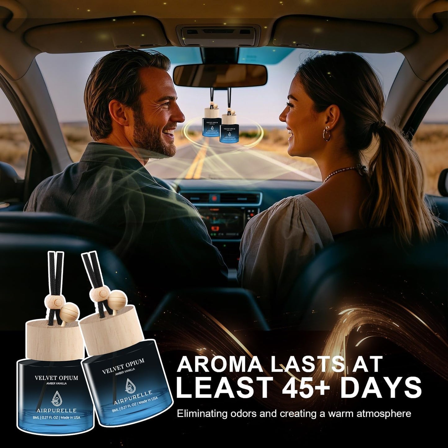 Car Air Freshener Hanging 2 Pack Car Fresheners Diffuser - Amber Vanilla Car Scents Essential Oil Air Diffuser, 45+ days Long Lasting Fragrance Air Fresheners, Two 0.27 FL OZ/8ML Made in USA