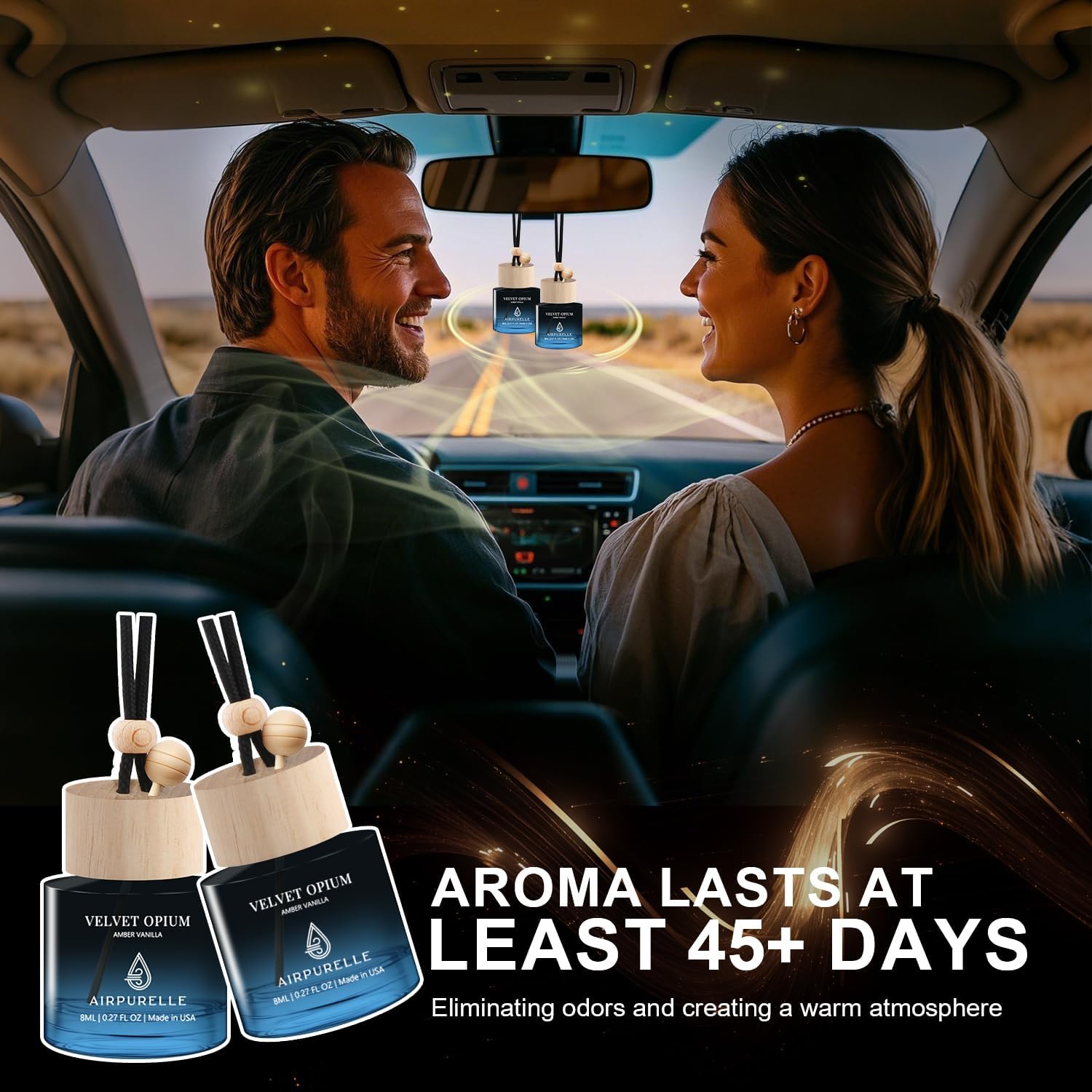 Car Air Freshener Hanging 2 Pack Car Fresheners Diffuser - Amber Vanilla Car Scents Essential Oil Air Diffuser, 45+ days Long Lasting Fragrance Air Fresheners, Two 0.27 FL OZ/8ML Made in USA