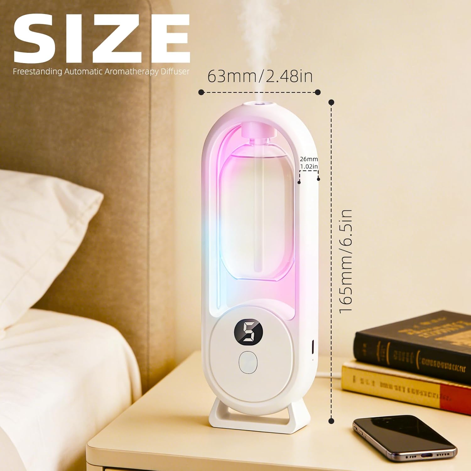 Aromatherapy Diffuser, Digital Display with LED Light and Battery Indicator, Rechargeable Automatic Spray Essential Oil Diffuser for Home Office Bedroom