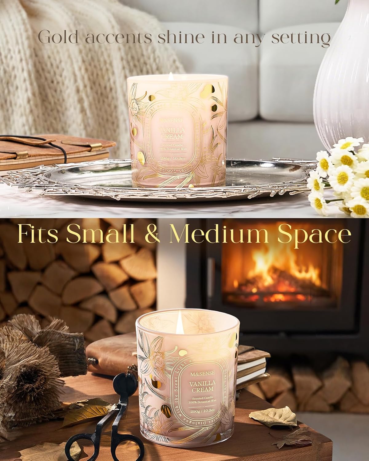 M&SENSE Vanilla Cream Scented Candle 10.3oz Golden Stamped | Non-Toxic Soy Wax, 55 Hours Burn Time, Clean Burn, Cozy Warm Relax Home Fragrance Housewarming Gift