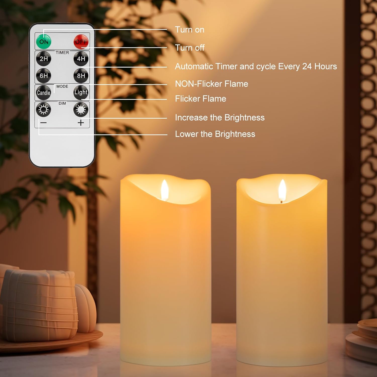 ANGELLOONG 9" x 4" Flickering Flameless Candles with Remote, Battery Operated Timer Candles, LED Pillar Candles for Outdoor Lanterns Porch, Set of 2