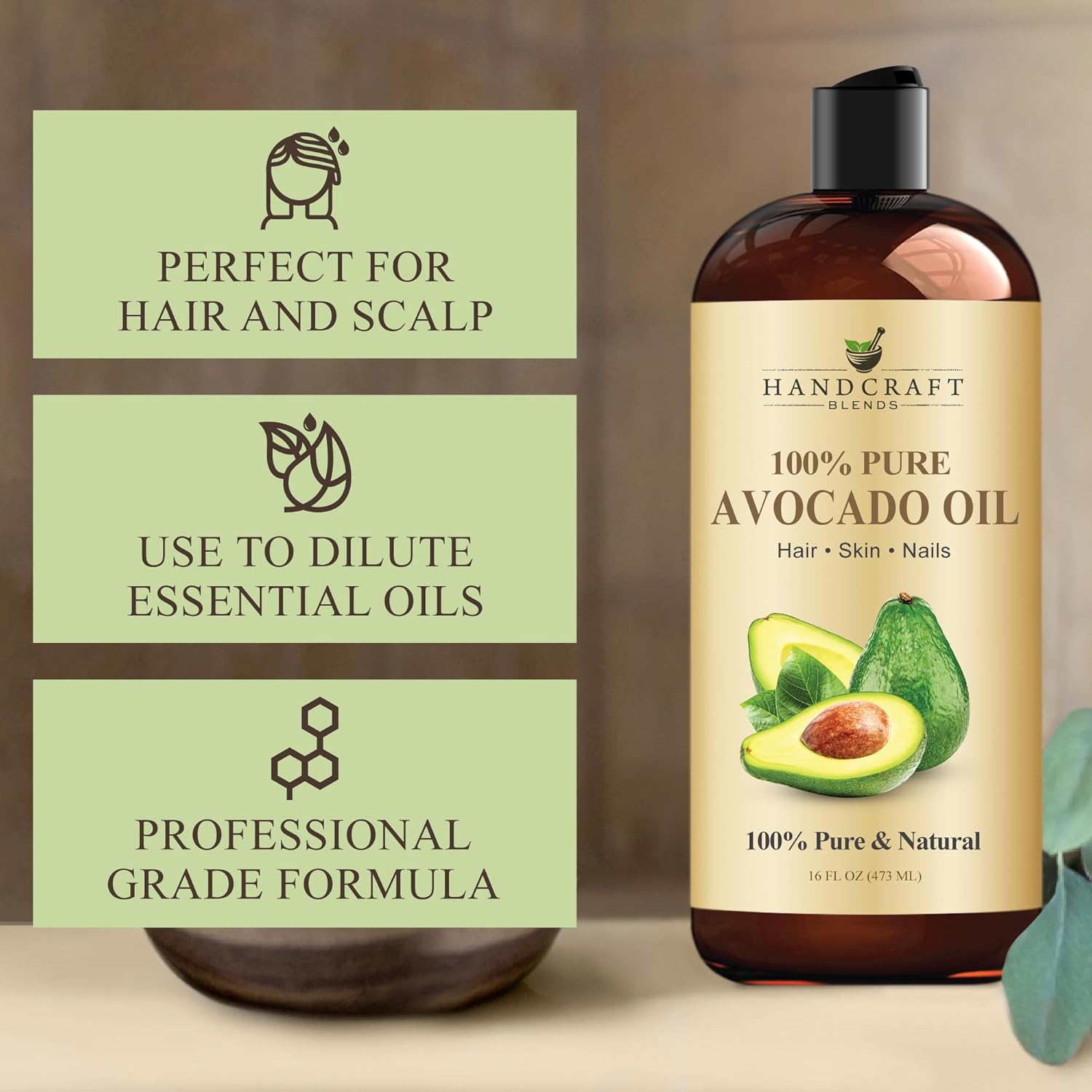 Handcraft Blends Avocado Oil - Cold-Pressed 16 Fl Oz - 100% Pure and Natural - Premium Grade Carrier Oil for Skin and Hair - Hair and Body - Massage - Hexane-Free