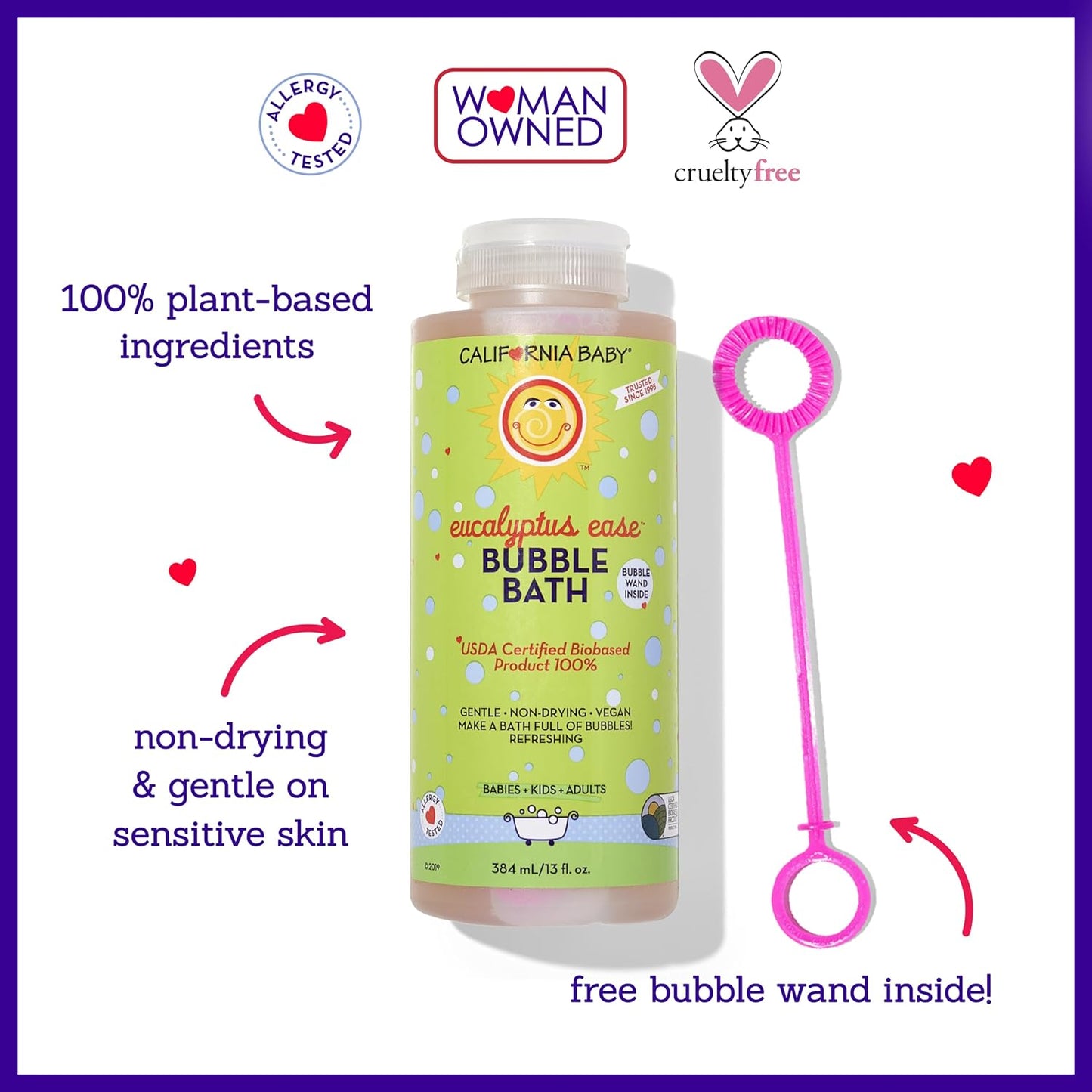 California Baby Eucalyptus Bubble Bath | 100% Plant-Based Kids Bubble Bath | Soothing Baby Bubble Bath | Free Bubble Wand Inside | 384 mL / 13oz