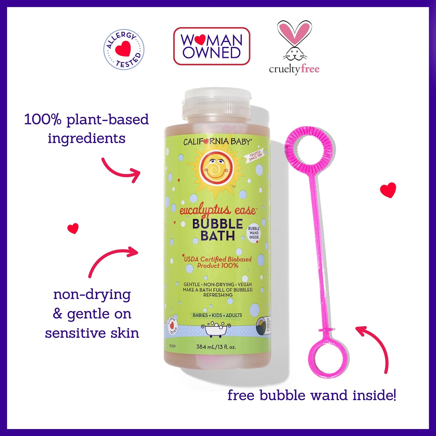California Baby Eucalyptus Bubble Bath | 100% Plant-Based Kids Bubble Bath | Soothing Baby Bubble Bath | Free Bubble Wand Inside | 384 mL / 13oz