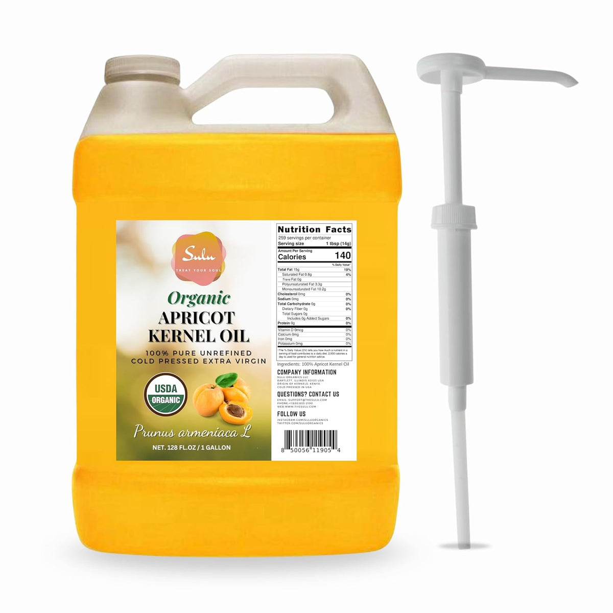 1 Gallon USDA Organic Cold Pressed Unrefined Apricot Kernel Oil