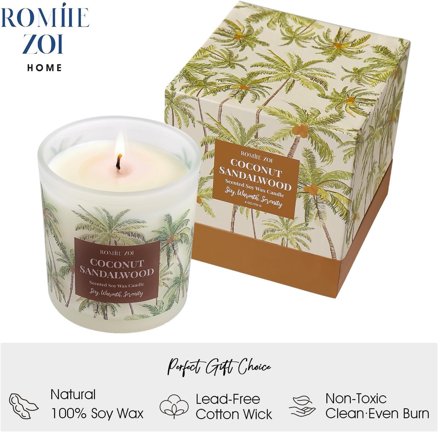 ROMIIE ZOI Coconut & Sandalwood Scented Candle - 6oz Soy Wax Candle for Home Scented, Stress Relief Candle Gifts for Women/Men