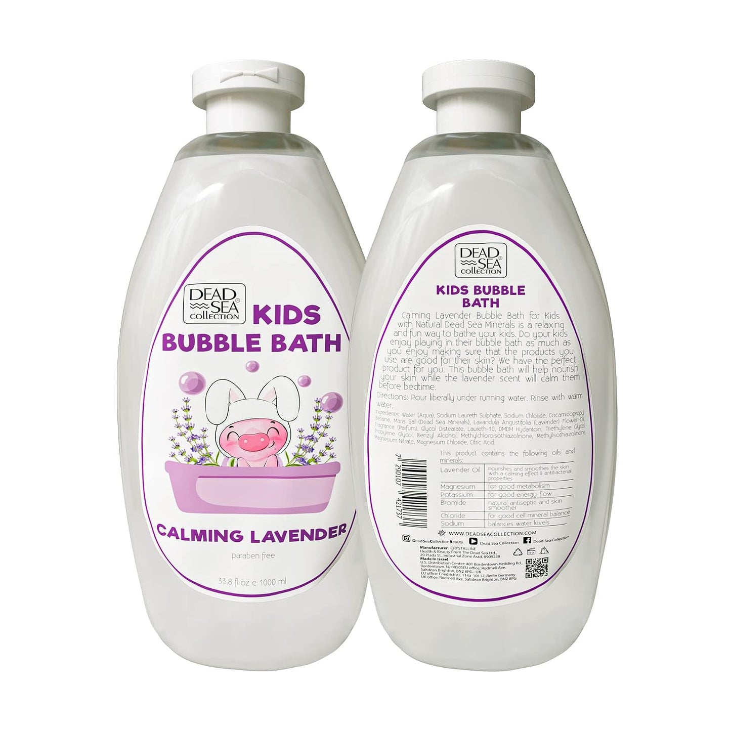 Dead Sea Collection Bubble Bath Kids with Lavender - Cleansing and Moisturizing Liquid Bath Bubbles - Lavender Oil and Pure Dead Sea Minerals - Pack of 2 Large Bottles (67.6 fl.oz)