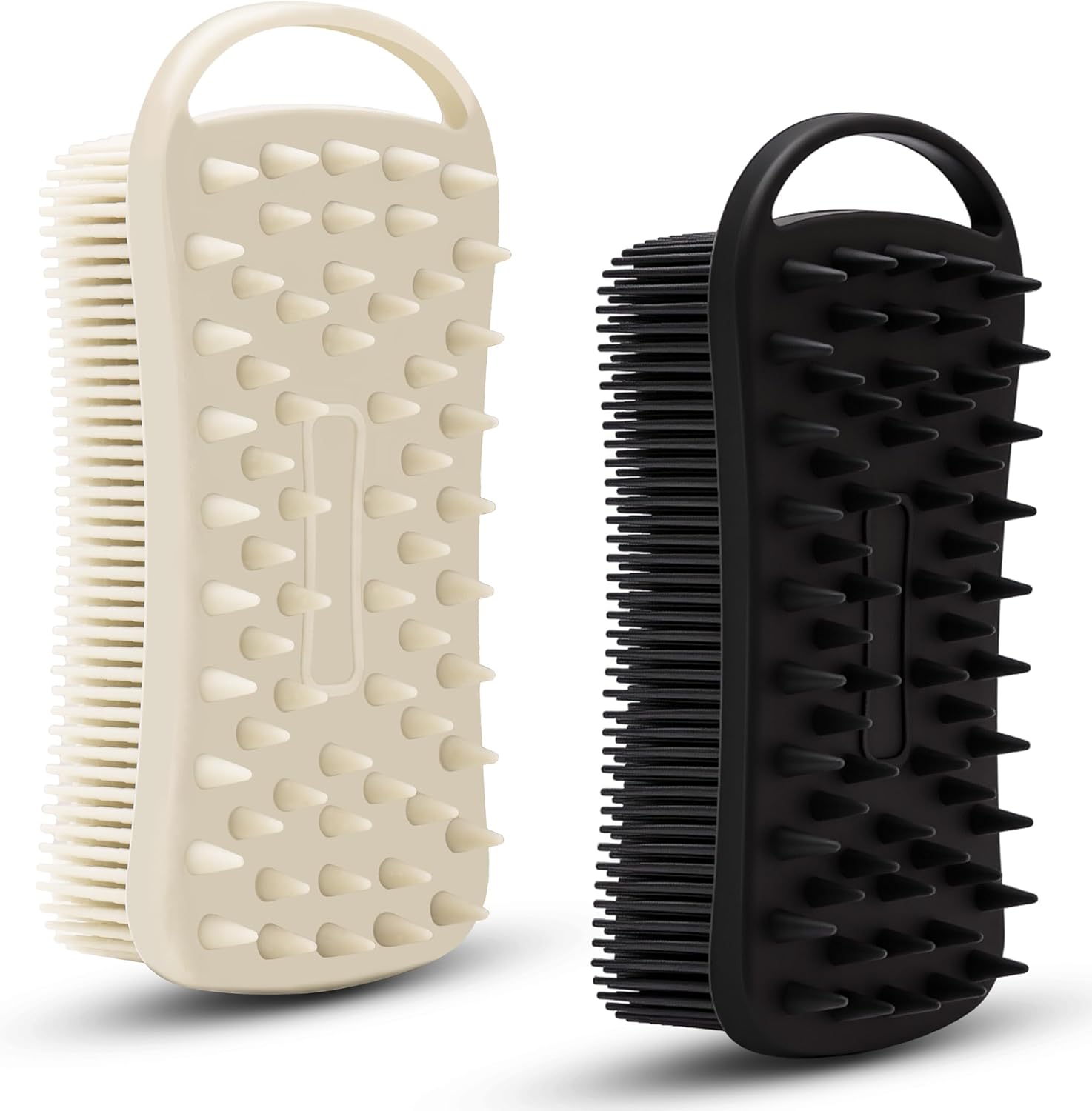 MtBoi 2 PC Silicone Body Scrubber, 2 in 1 Exfoliating Shower Bath Scrubber, Soft Silicone Loofah for Sensitive Skin, Shower Hair Scalp Massager, Easy to Clean, Lather Well (Grey&Black)