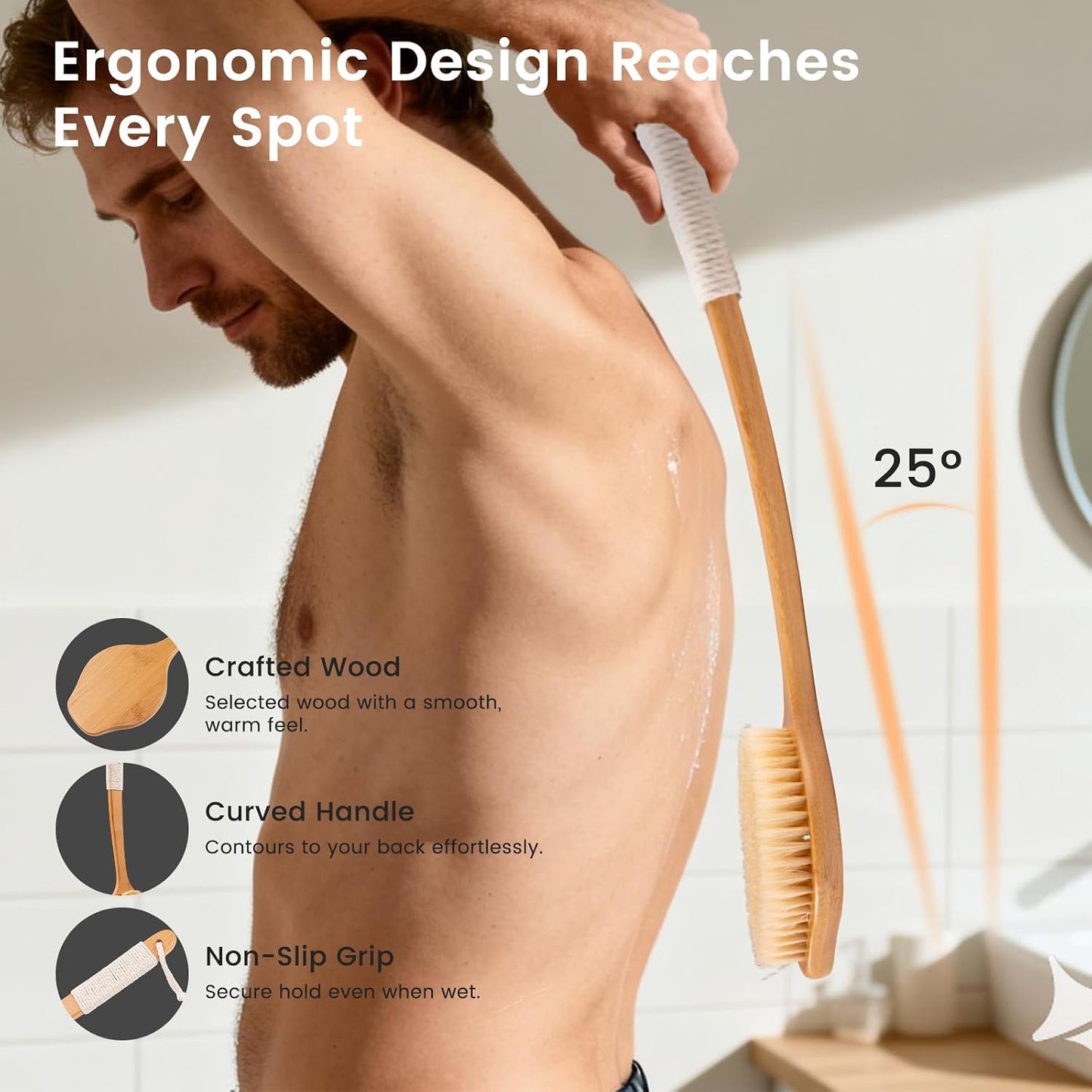 Back Scrubber for Shower，17in Bamboo with Curved Long Handle - Stiff Natural Boar Bristles for Men and Women, Deep Cleansing and Exfoliating, Anti-Slip Grip for Wet or Dry Brushing