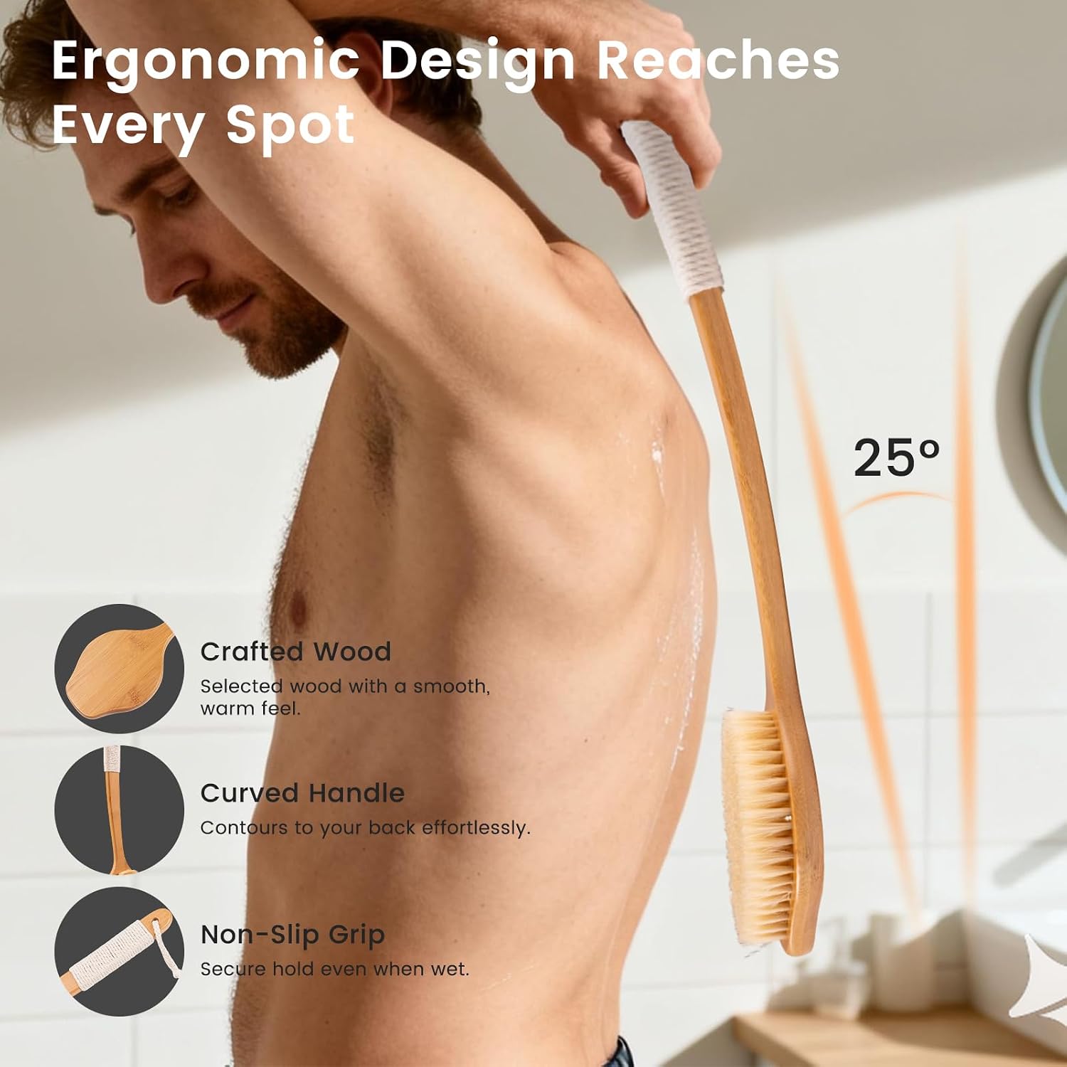 Back Scrubber for Shower，17in Bamboo with Curved Long Handle - Stiff Natural Boar Bristles for Men and Women, Deep Cleansing and Exfoliating, Anti-Slip Grip for Wet or Dry Brushing