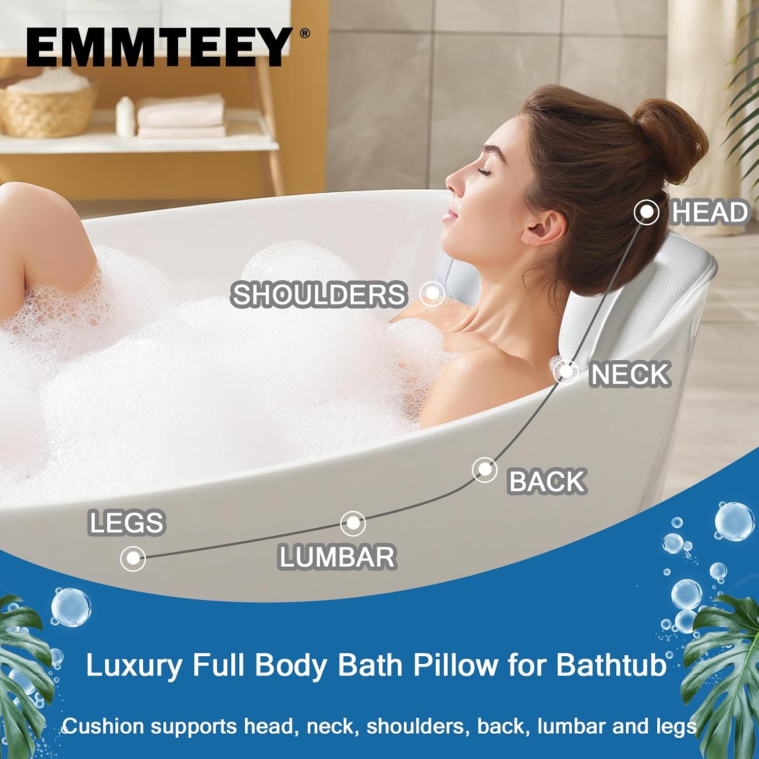 EMMTEEY Full Body Bath Pillow for Tub,Bathtub Pillow for Head and Neck Support, Soft Tub Pillow for Comfort, Non-Slip Bath Cushion for Women, Men and Seniors Bath Accessories