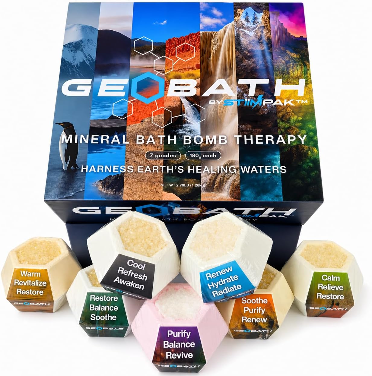 Magnesium & Epsom Salt Natural Mineral Bath Bombs | XL 180g | Skin Care & Muscle Relief Bath Soak Inspired by the World’s Healing Hot Springs | Dye & Fragrance Free | GeoBath (7 Pack)