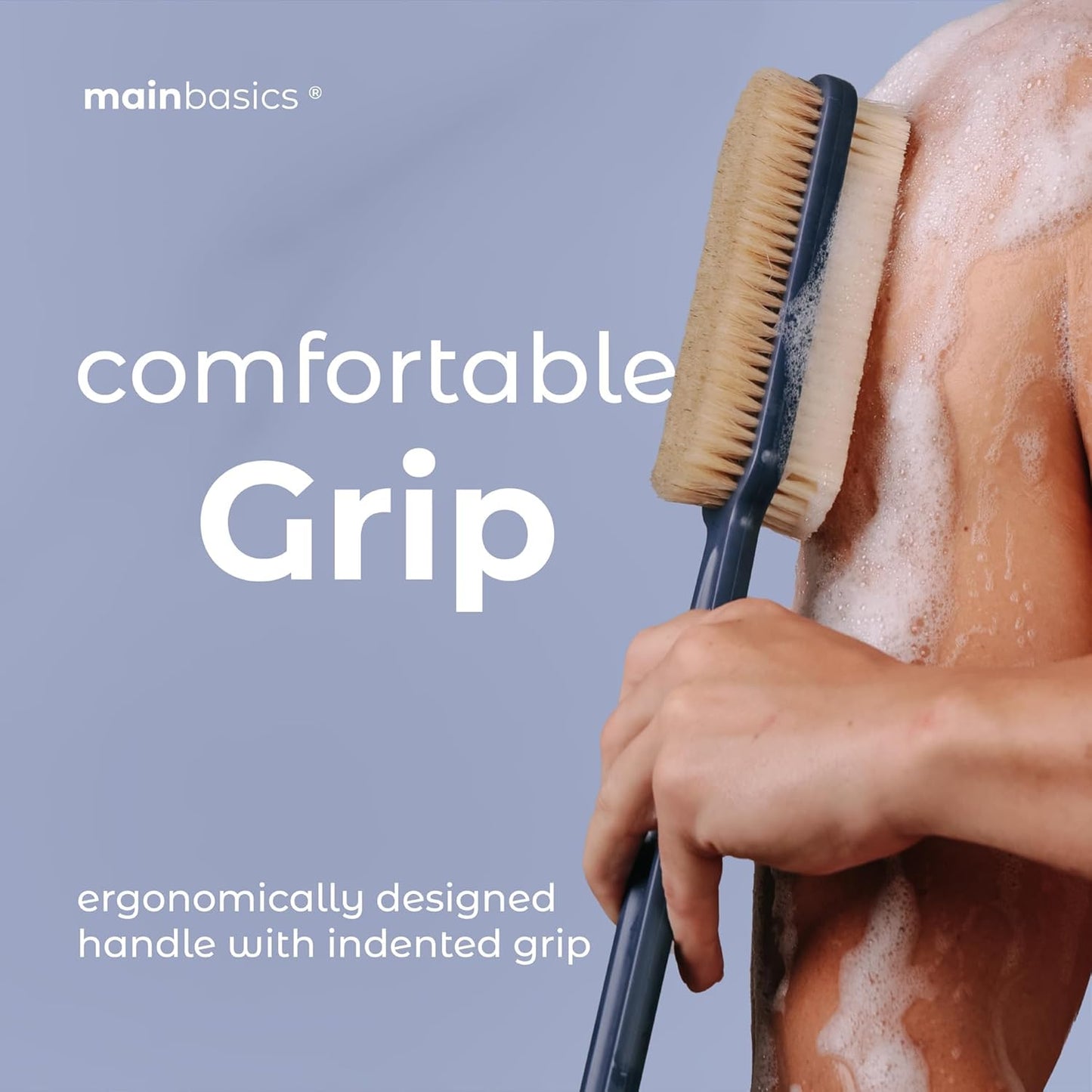 MainBasics Back Scrubber for Shower, Long Handle Body Brush, 15.75 Inch | Dual-Sided Exfoliating and Soft Bristles