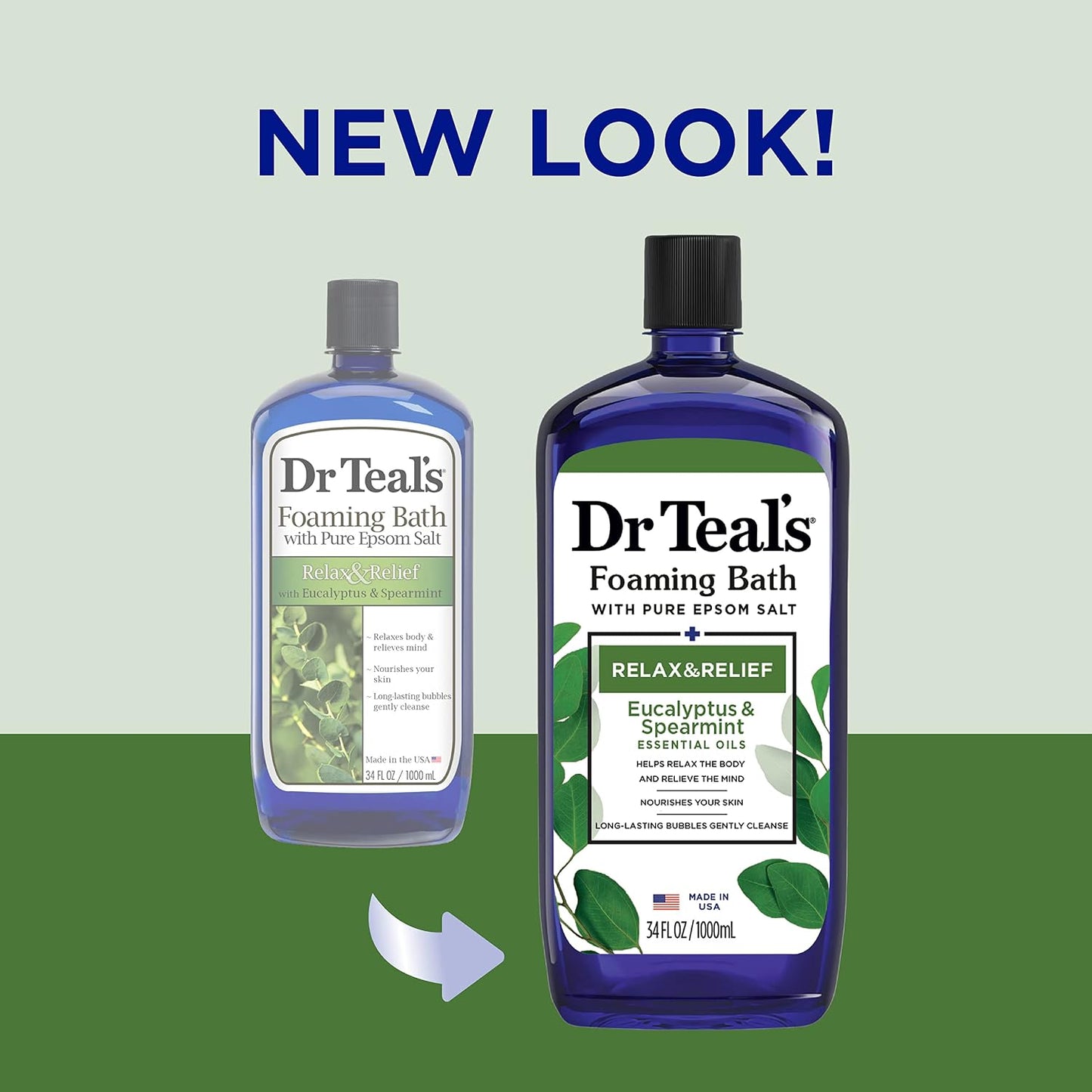 Dr Teal's Foaming Bath with Pure Epsom Salt, Relax & Relief with Eucalyptus & Spearmint, 34 fl oz (Packaging May Vary) (Pack of 2)