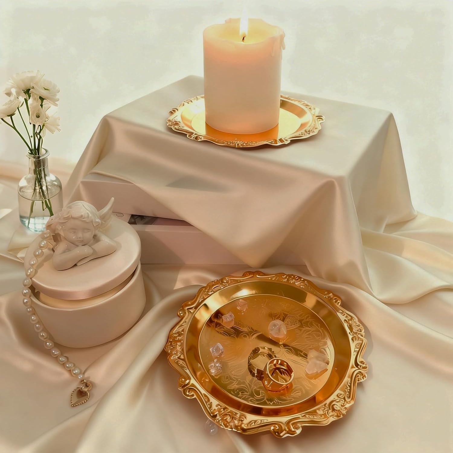 Pillar Candle Holder Set of 2 Jewelry Dish Ring Holder Candle Stand Decorative Metal Plate Vanity Tray for Weding Home Decor (Gold)