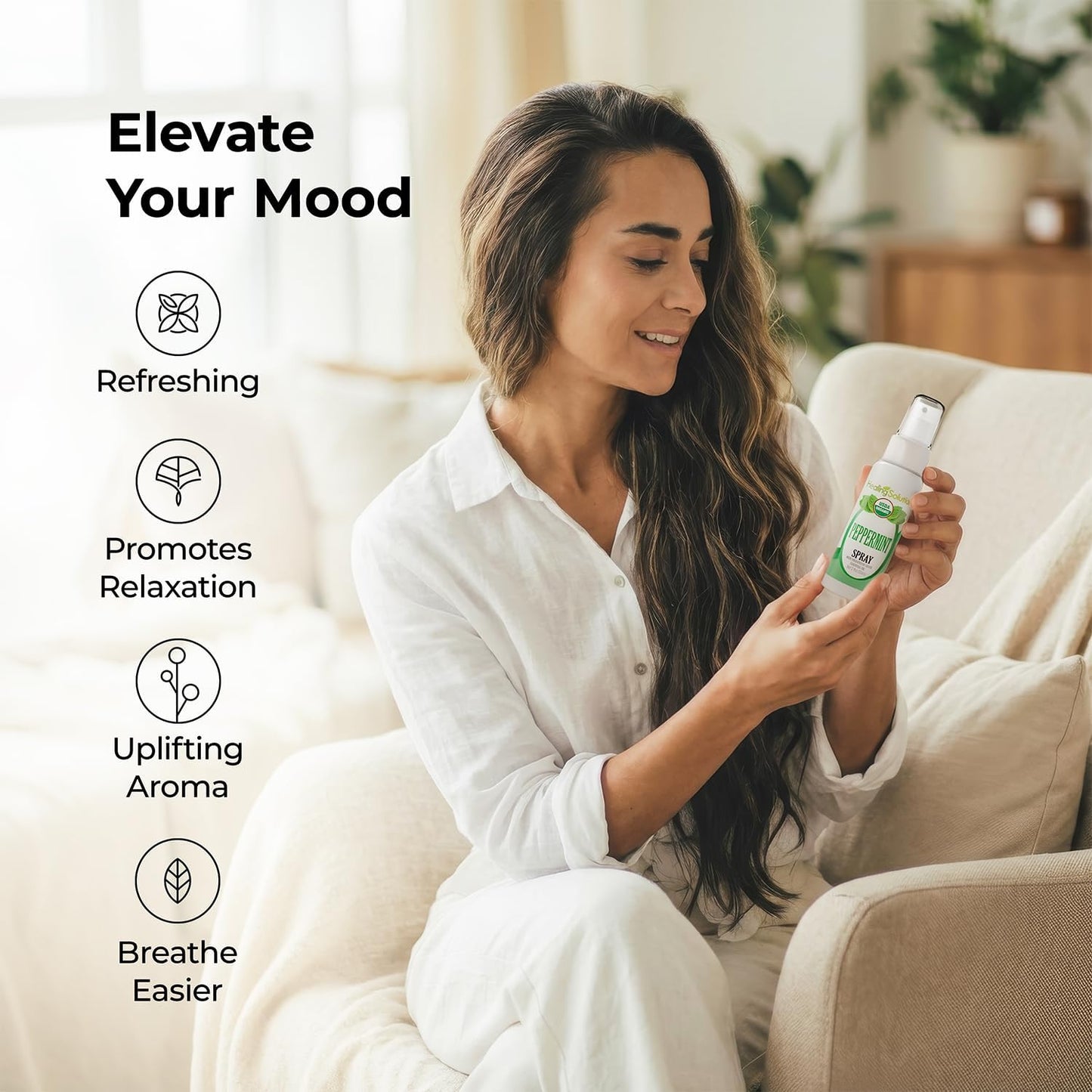 Healing Solutions - Peppermint Essential Oil Spray, (2 oz) USDA Certified Organic Aromatherapy Room & Linen Spray, Pillow & Bedding Mist, Shower Steam, Natural Peppermint Air Freshener