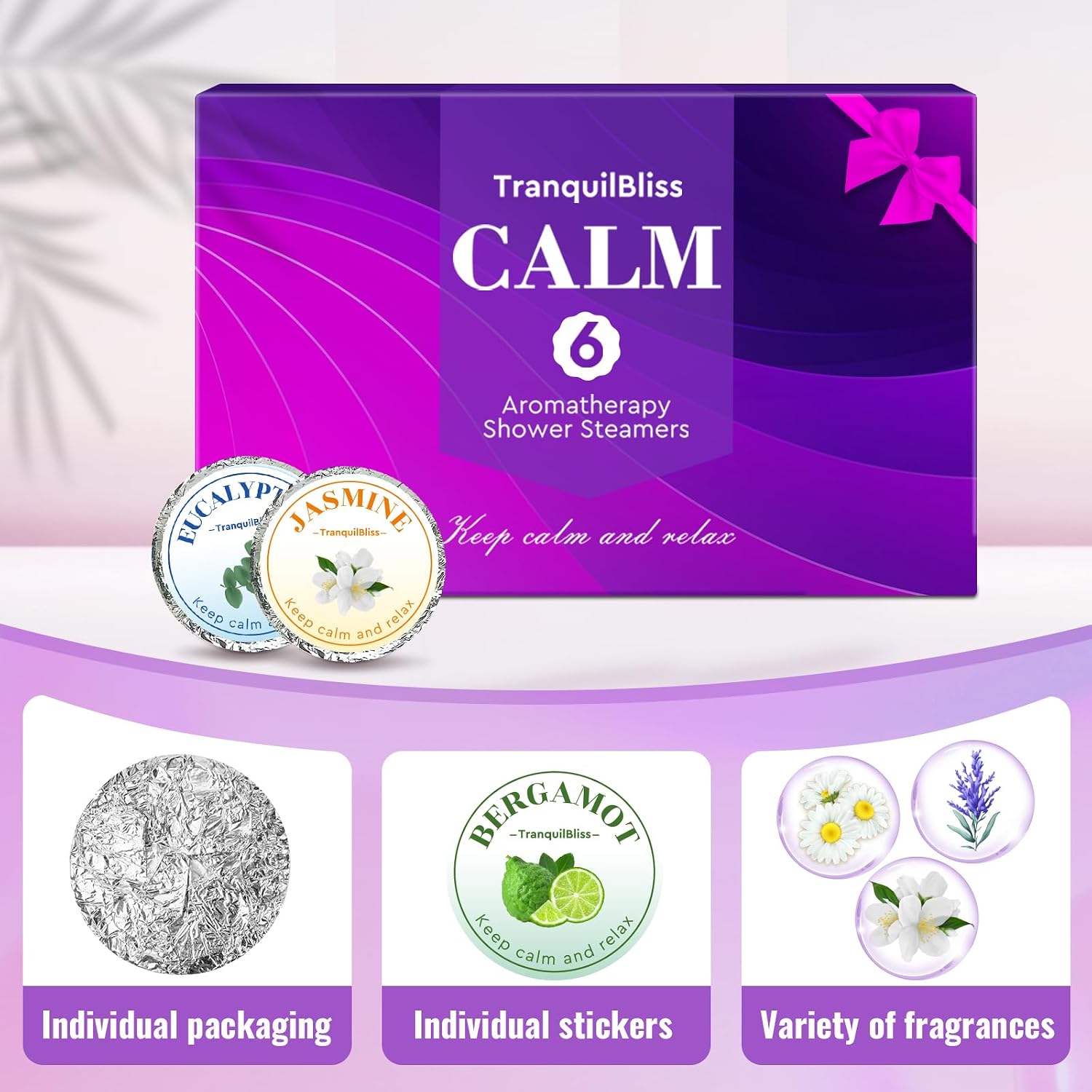 TranquilBliss Shower Steamers, Shower Bombs with Natural Fragrance, Self Care& Relaxation, Mother's Day, Christmas Birthday for Women and Mom, Individually Packaged, Purple Set 2 Packs（12 Tablets）