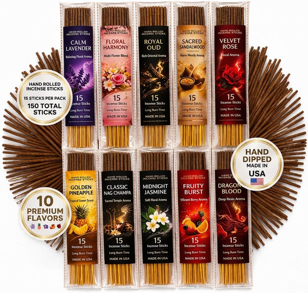 Incense Sticks Variety Pack, 150 Count – Nag Champa, Sandalwood, Lavender, Rose, Oud, Dragon Blood, Jasmine, Pineapple, Floral Harmony & Fruity Burst | 10 Scents × 15 Sticks | Natural Incense Set