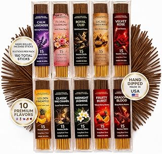 Incense Sticks Variety Pack, 150 Count – Nag Champa, Sandalwood, Lavender, Rose, Oud, Dragon Blood, Jasmine, Pineapple, Floral Harmony & Fruity Burst | 10 Scents × 15 Sticks | Natural Incense Set