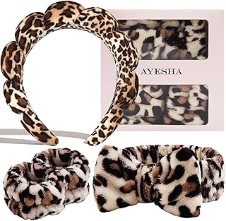 Ayesha Spa Headband and Wristband Set for Skincare Washing Face,6pcs Cheetah print Makeup Headband Wrist Cuffs for Preppy Skincare Teen Girl Women