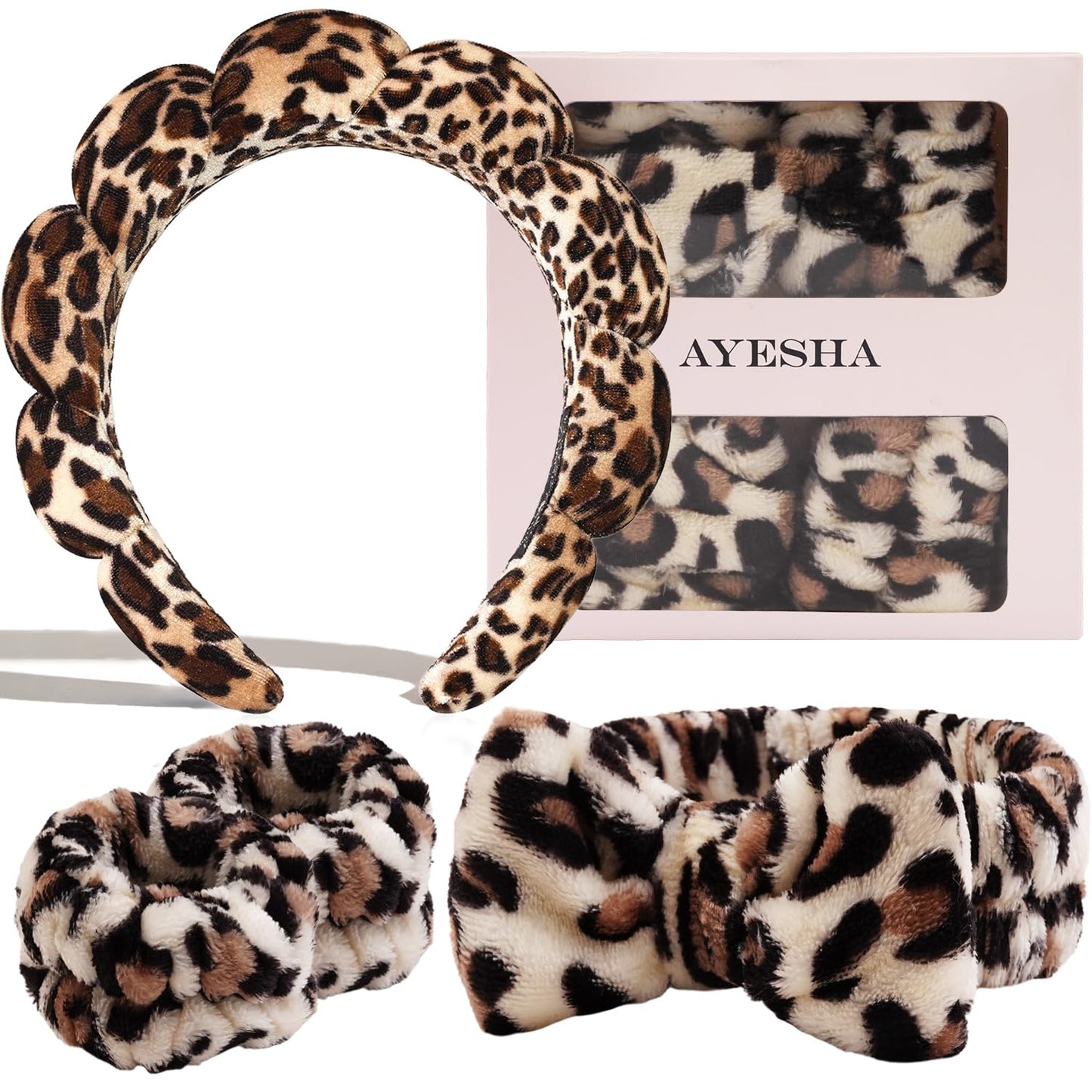 Ayesha Spa Headband and Wristband Set for Skincare Washing Face,6pcs Cheetah print Makeup Headband Wrist Cuffs for Preppy Skincare Teen Girl Women