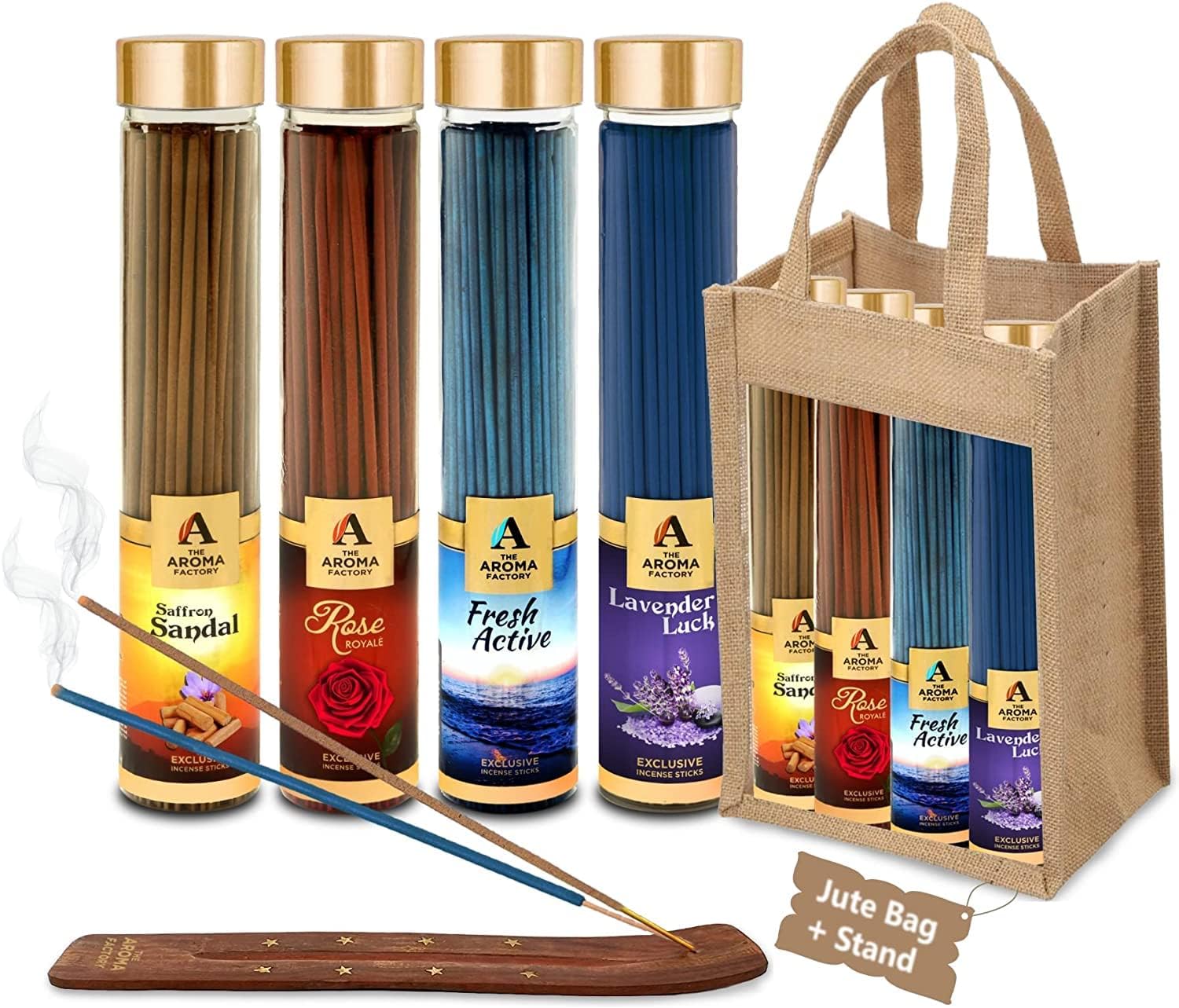 The Aroma Factory Organic Incense Sticks Aromatic Fragrances | Kesar Chandan, Rose, Fresh Active & Lavender | No Charcoal, Scented Incense | Herbal Pooja Agarbatti | 4x100g Jute Bag Gift Set