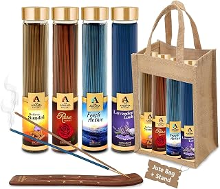 The Aroma Factory Organic Incense Sticks Aromatic Fragrances | Kesar Chandan, Rose, Fresh Active & Lavender | No Charcoal, Scented Incense | Herbal Pooja Agarbatti | 4x100g Jute Bag Gift Set