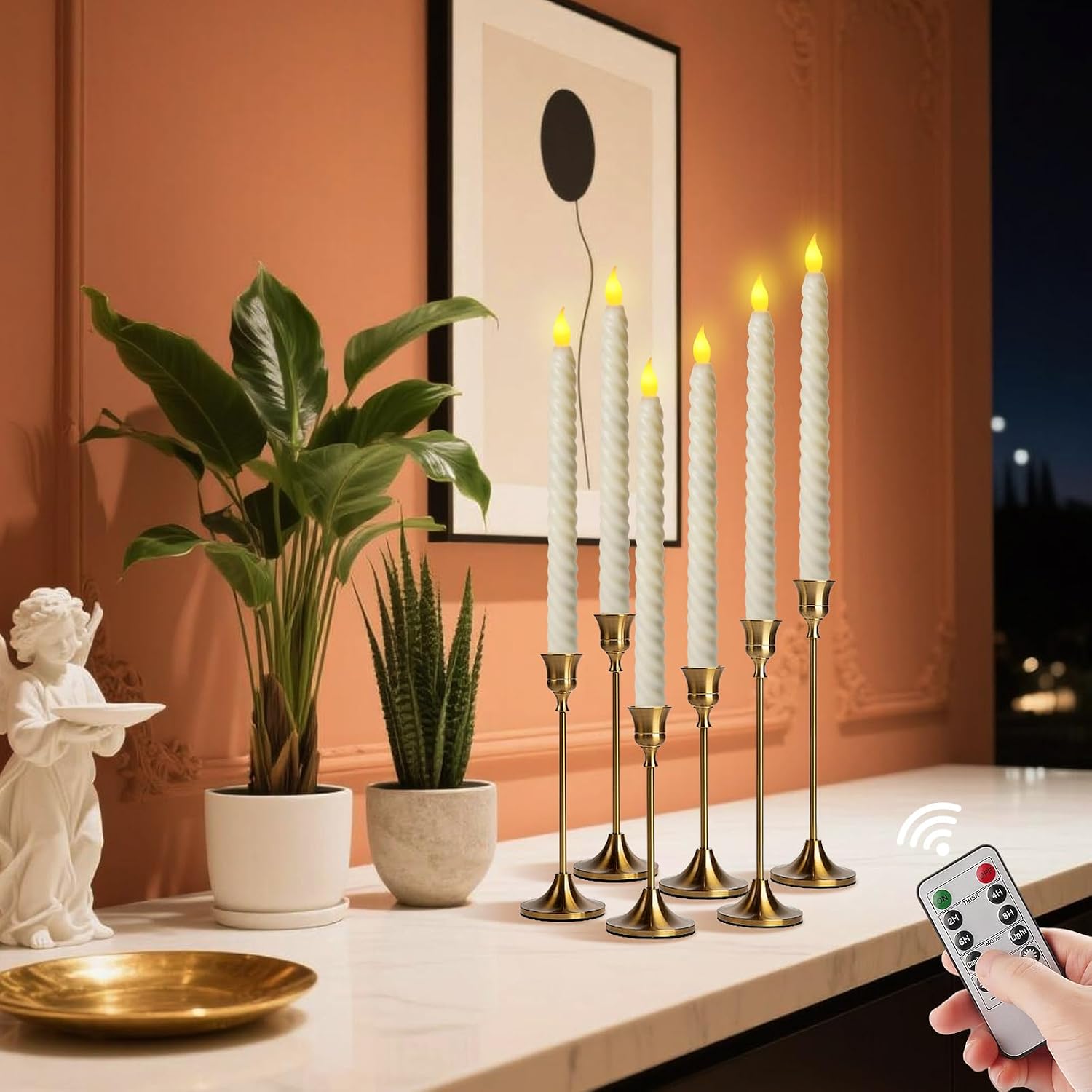 6 Pack Flameless Taper Candles, 10 Inch LED Window Candles | Flickering spiral twisted tapers, remote and timer functionality, ivory faux wax realistic look