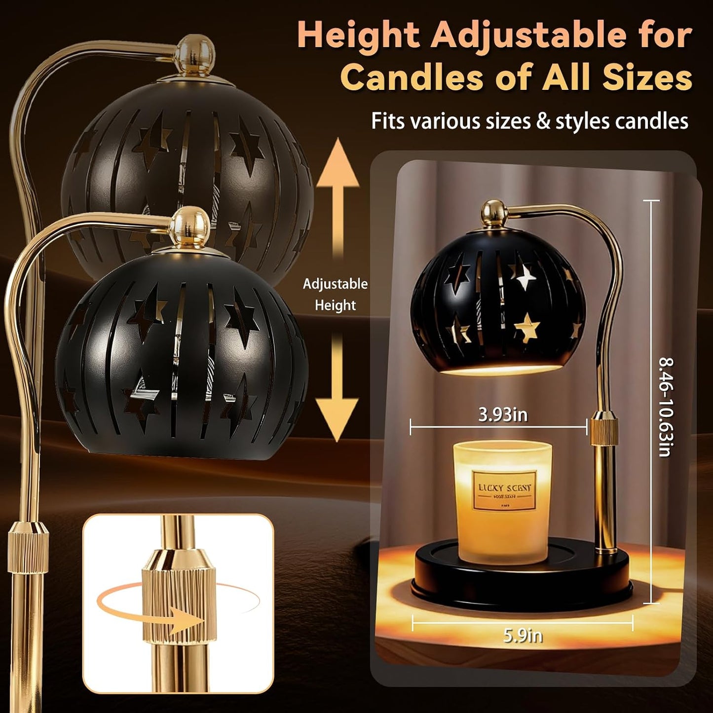 Electric Candle Warmer Lamp with Timer & Dimmer for Bedroom（Candle Not Included, Height Adjustable Candle Warmer with 2 Bulbs, Compatible with Many Sizes Candles, Warming Home Decor Gifts (Star)