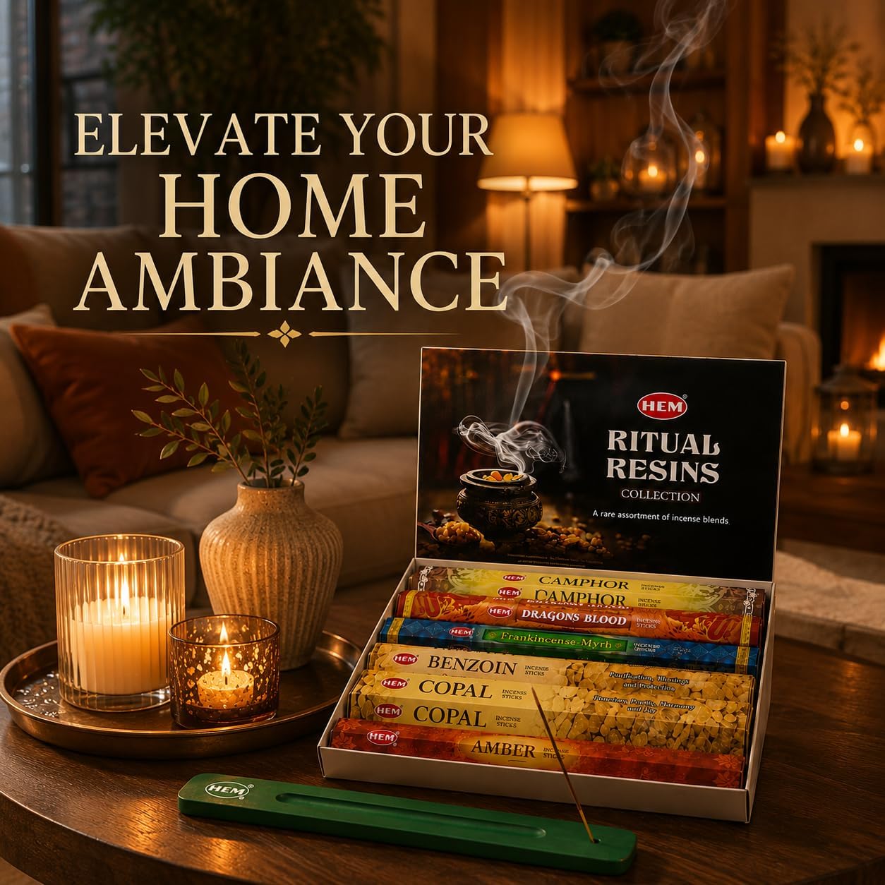 Hem Incense Sticks Assorted Ritual Resins Pack (6 Incents x 20 Insense Sticks) Incense Stick Holder 120 Sticks Total | Camphor Dragons Blood Benzoin Copal Amber Frankincense Myrrh