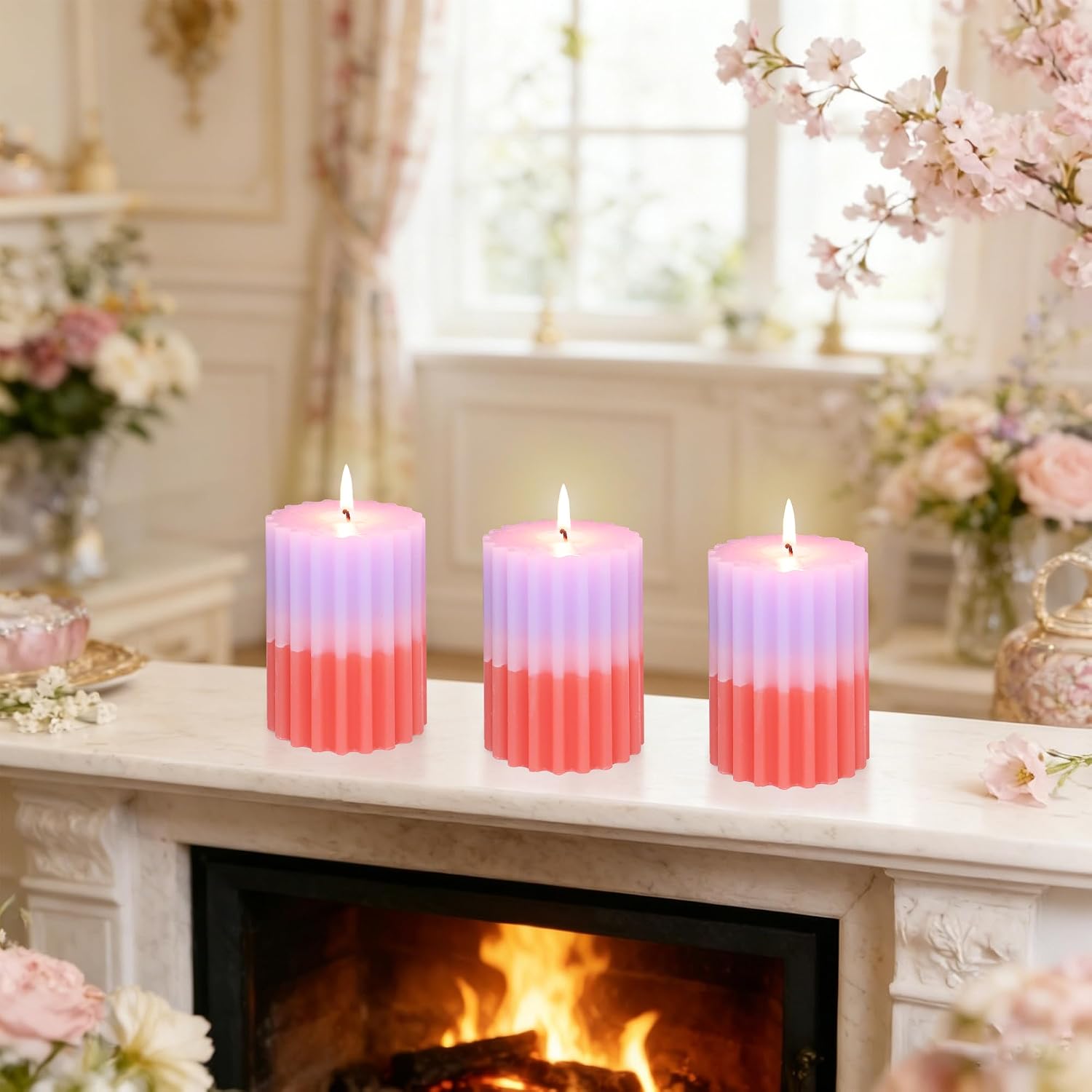 Ribbed Pillar Candles Purple Coral Gradient Vanilla Scented 3x4 Inch Candle Handmade Striped Aesthetic Retro Textured Pillar Candle for Boho Home Decor, Coffee Table, Weddings Party, 3-Pack