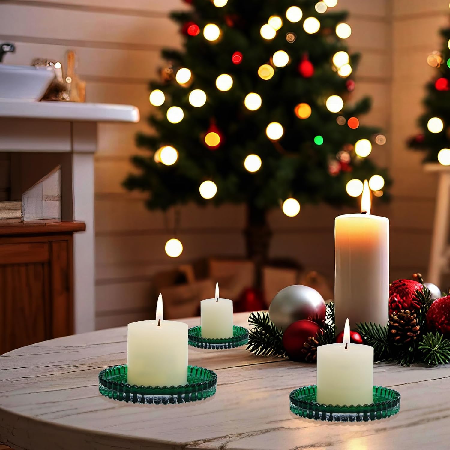 Candleholder Glass Candle Holder Plates Set of 6, Round Glass Candle Tray Plates for Dining Wedding Lantern Festival Party Evening Light, Green