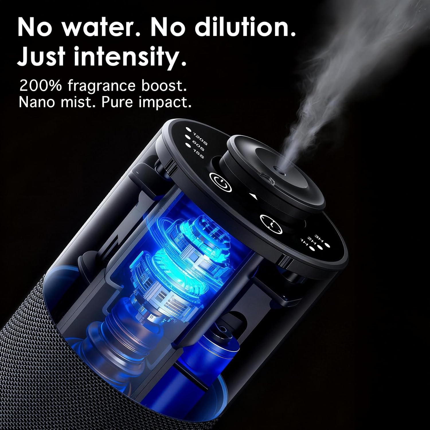 Waterless Essential Oil Diffuser for Home (Aluminum Alloy & Fabric) - Cordless Car Scent Diffuser with 3 Timer & 3 Mist Levels - 2000mAh Battery Operated Scent Air Machine for Room Office Hotel, Black