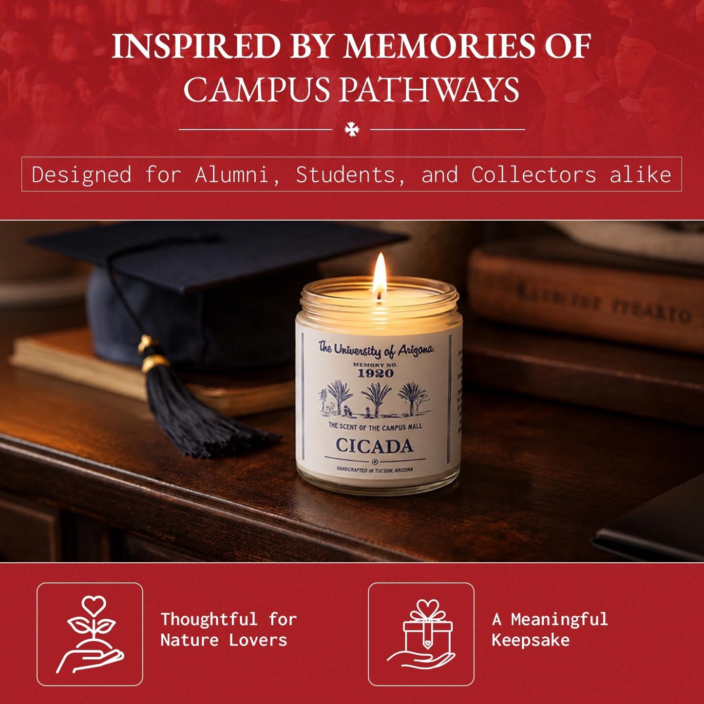 CICADA Campus Mall Scented Candle, Memory No. 1920, University of Arizona Inspired Coconut-Soy Blend Wax, Fresh Cut Grass Green Stems Desert Air Aroma, Hand Poured Arizona Reveries Home Fragrance