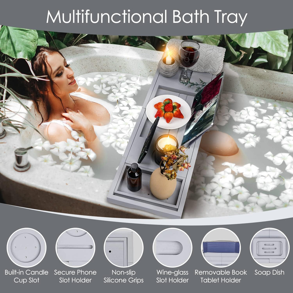 Foldable Bathtub Tray Caddy with Soap Dish Adjustable 29.5-43'' Grey