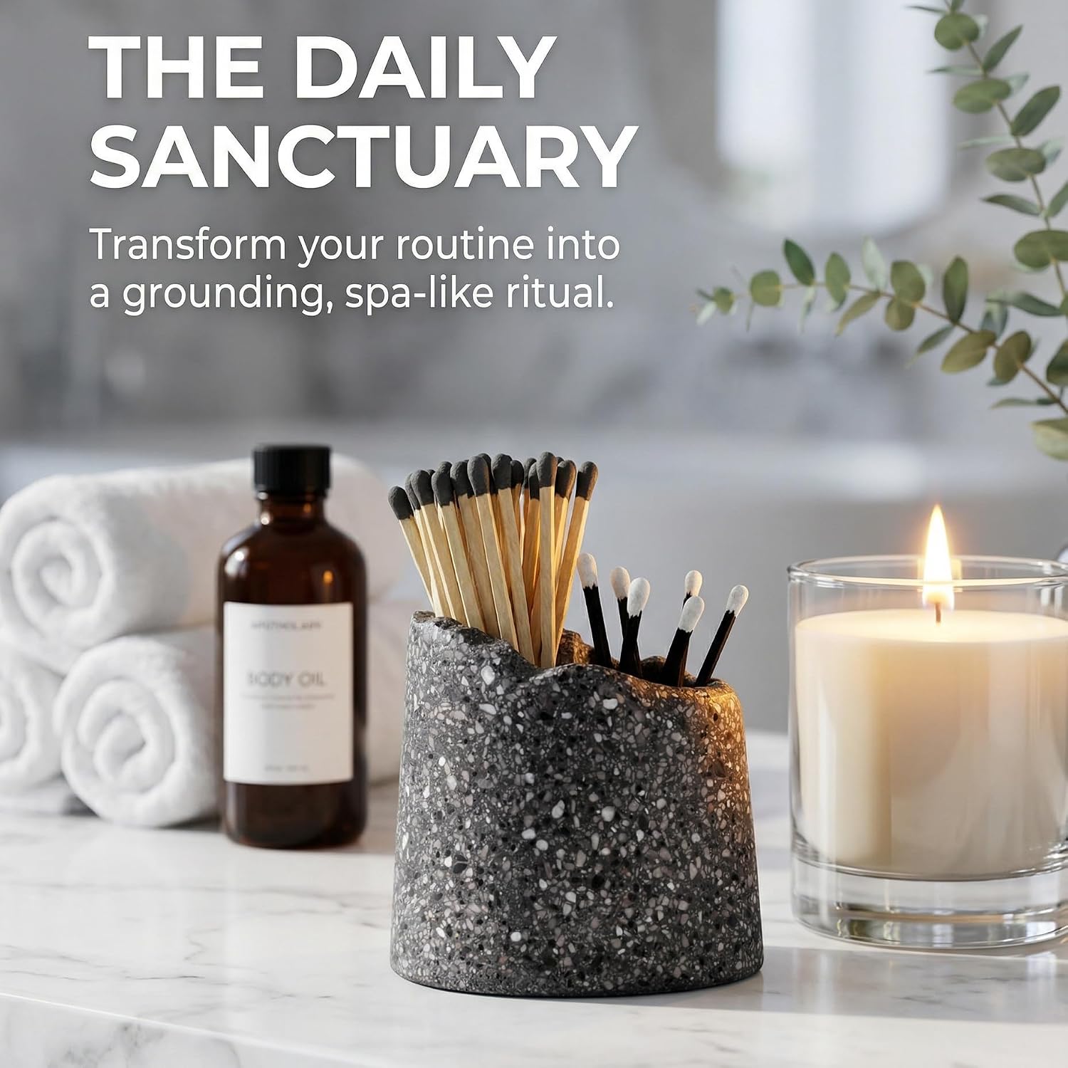 NYXIS Stone Match Holder with Striker & Candle Snuffer, Dual-Chamber Cast Stone Matchstick Holder for 3" & 4" Matches, Heavyweight Fireplace Decor, Gift Box, Dark Gray, Matches Not Included