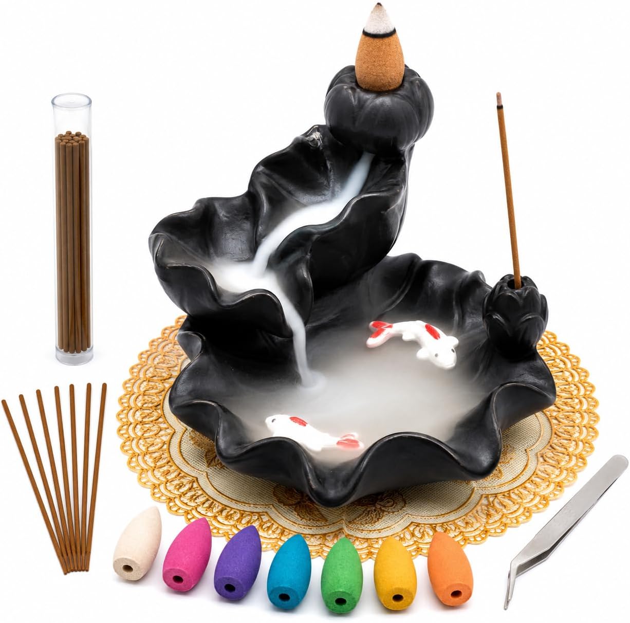 Ceramic Waterfall Backflow Incense Burner Holder, Home Aromatherapy Decoration Ornament with 30 Backflow Incense Cones and 50 Incense Sticks