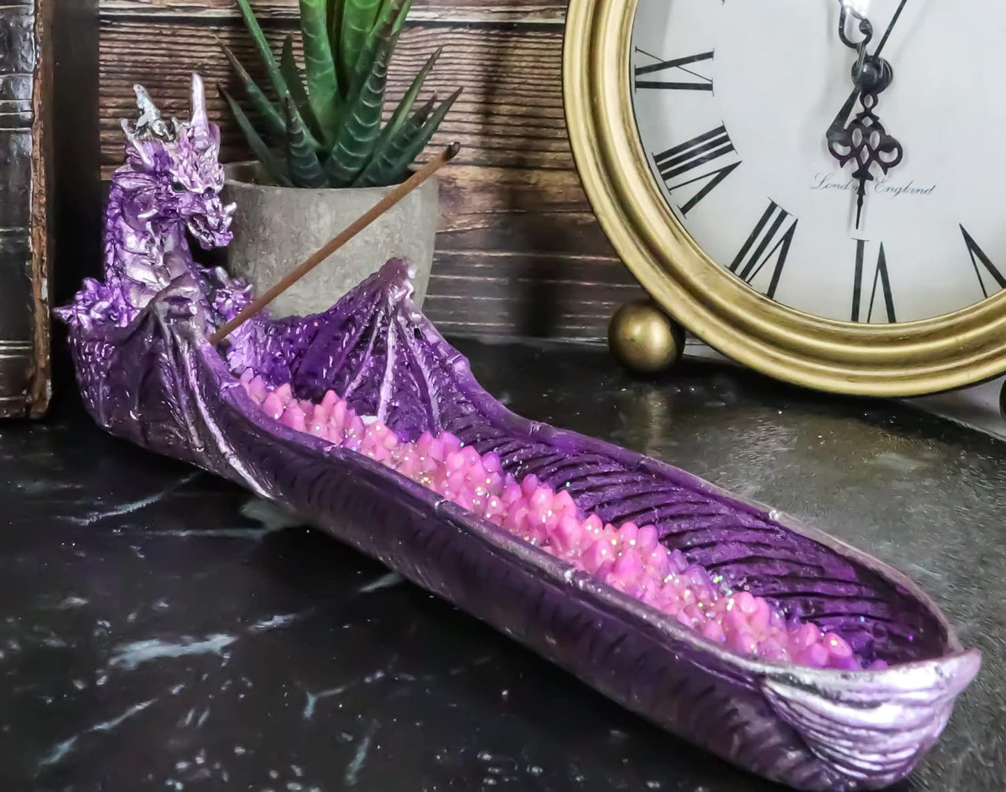 Ebros Gift Magenta Sunset Dragon Guarding Pink Quartz Crystal Quarry River Incense Burner Holder Figurine 10.5" Long Fantasy Mythical Dungeons and Dragons Home Decorative Accent Statue