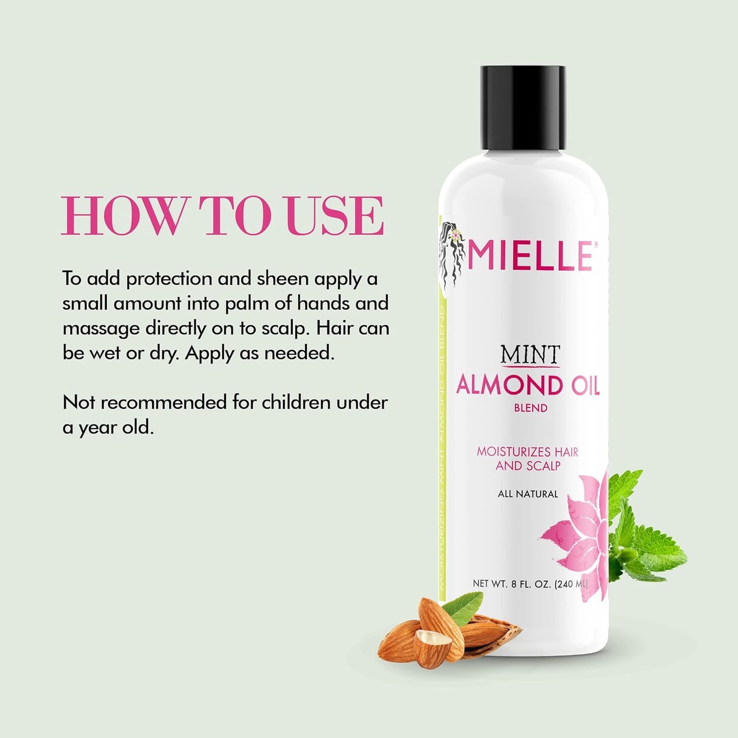 Mielle Organics Mint Almond Oil - Lightweight Dry Scalp Oil to Lock in Moisture and Help Encourage Longer, Healthier Hair - Suitable for All Hair Types (8 Fl Oz)