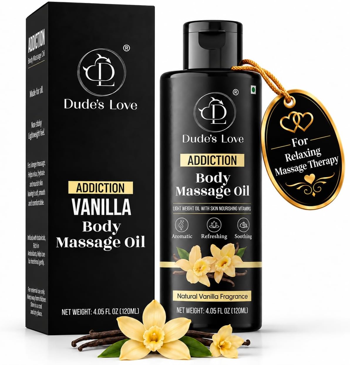 Dude's Love Vanilla Body Massage Oil Organic Non-Sticky Formula with Fractionated Coconut Oil